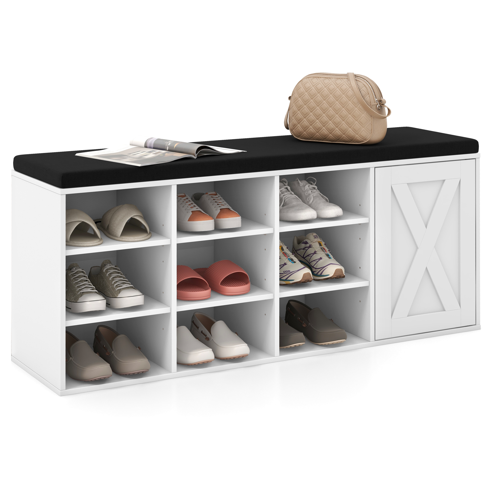 3-Tier Shoe Storage Bench with Cushioned Seat for Entryway - White