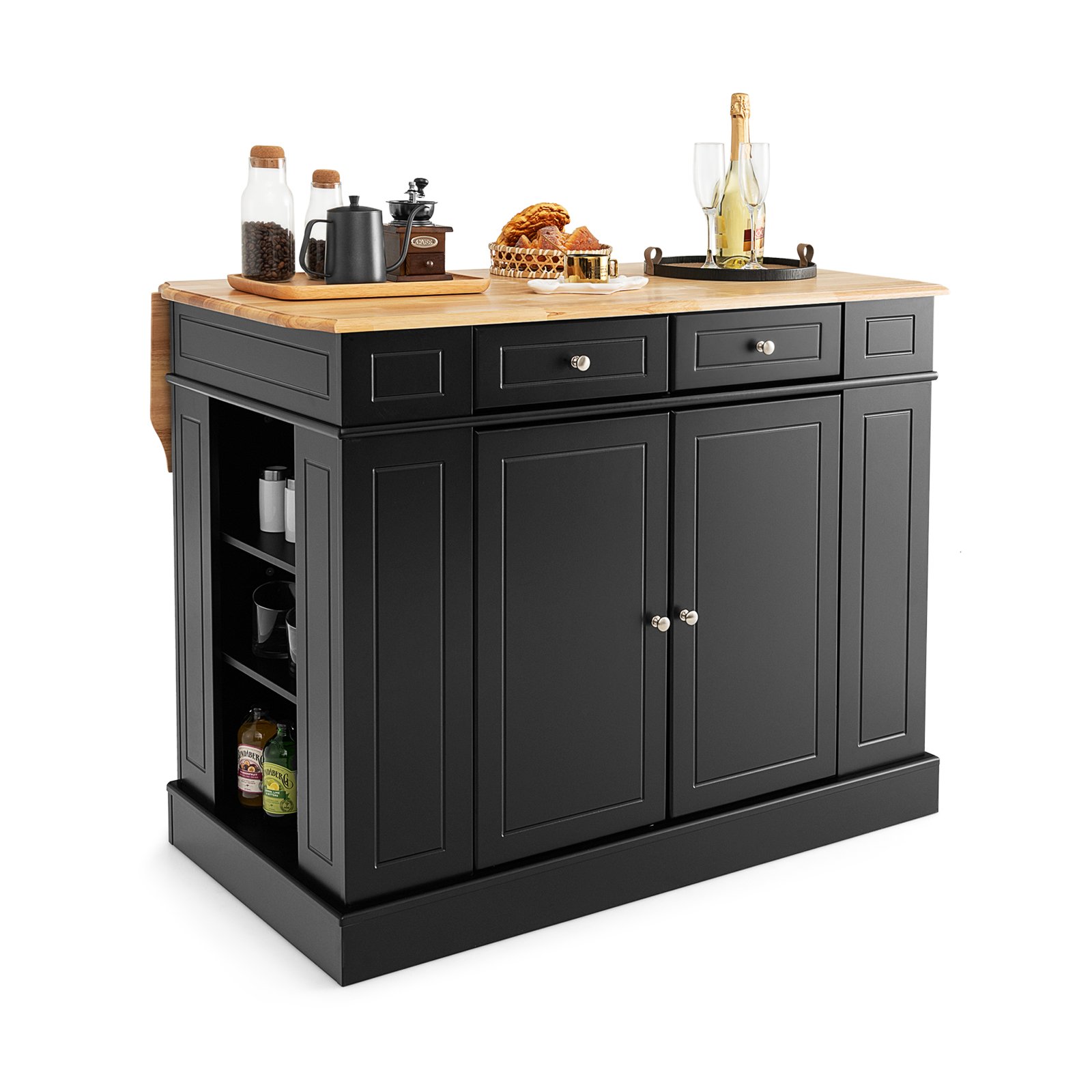 Kitchen Trolley - Drop-Leaf Kitchen Island with Extendable Worktop and Adjustable Shelves-Black
