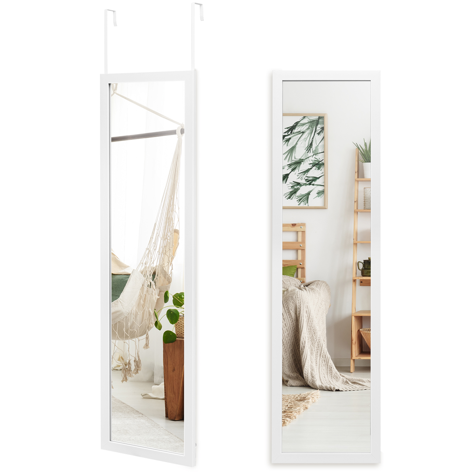 Full Length Over the Door Mirror with Hanging Hooks for Bedroom - White
