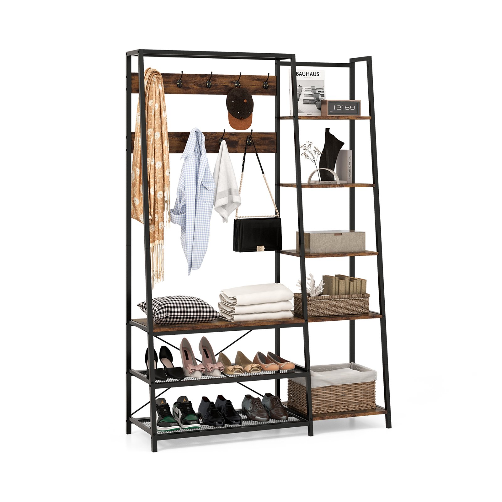 Coat Rack - Hall Tree with Storage Bench 5-in-1 Entryway Bench with 9 Hooks-Rustic Brown