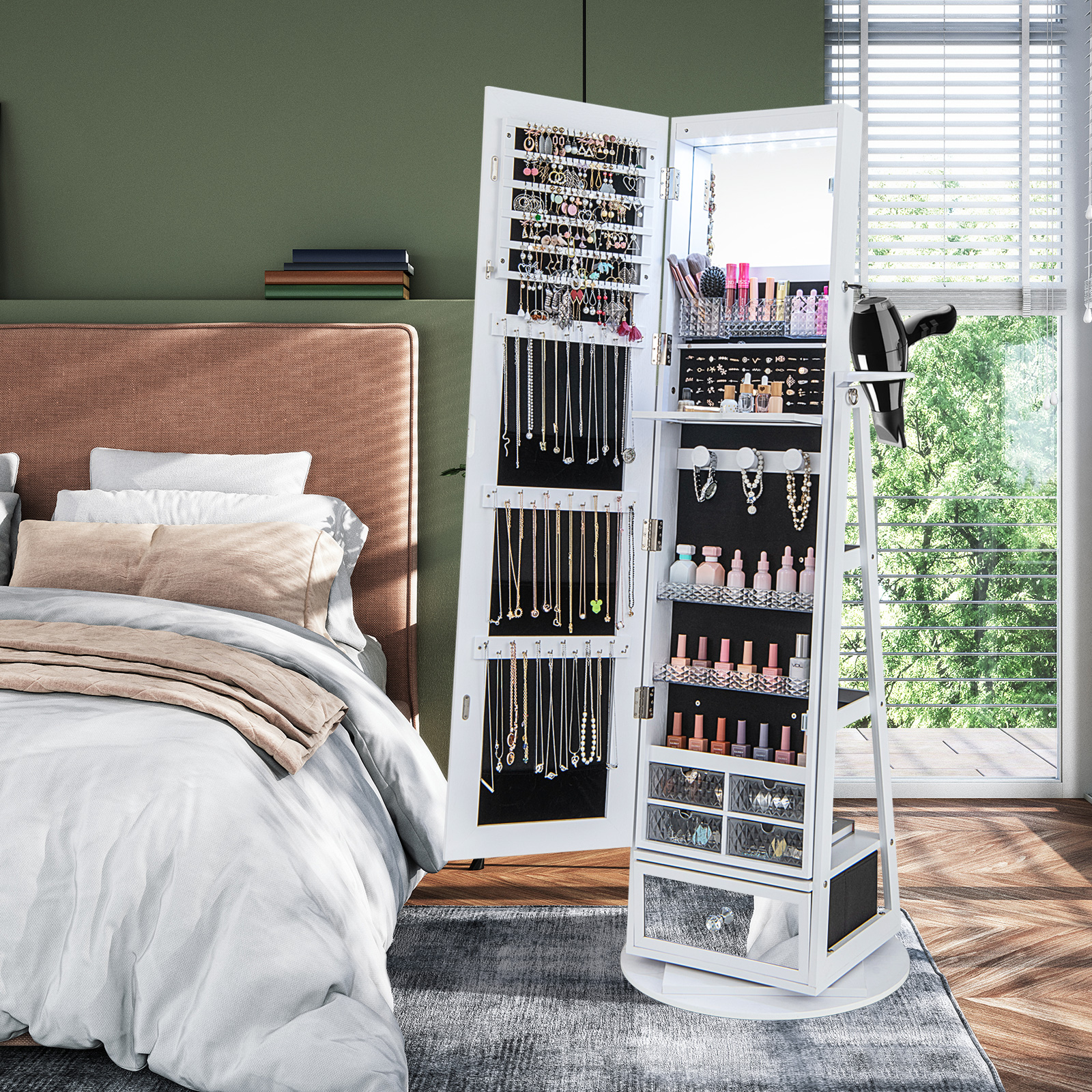 360 Swivel Lockable Jewelry Armoire Cabinet with Full-Length Mirror - White