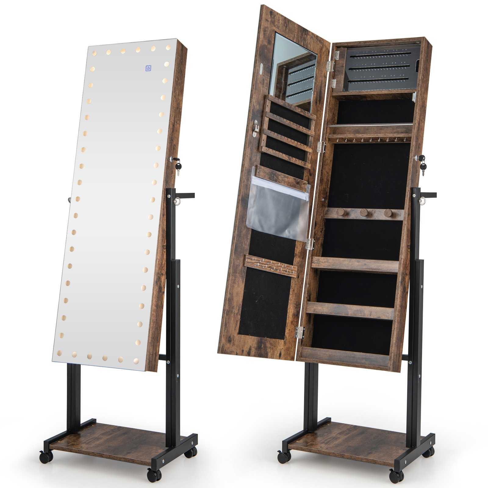 LURIDA Lockable Jewelry Armoire Organizer with 3-Color Dimmable LED Full-Length Mirror-Brown