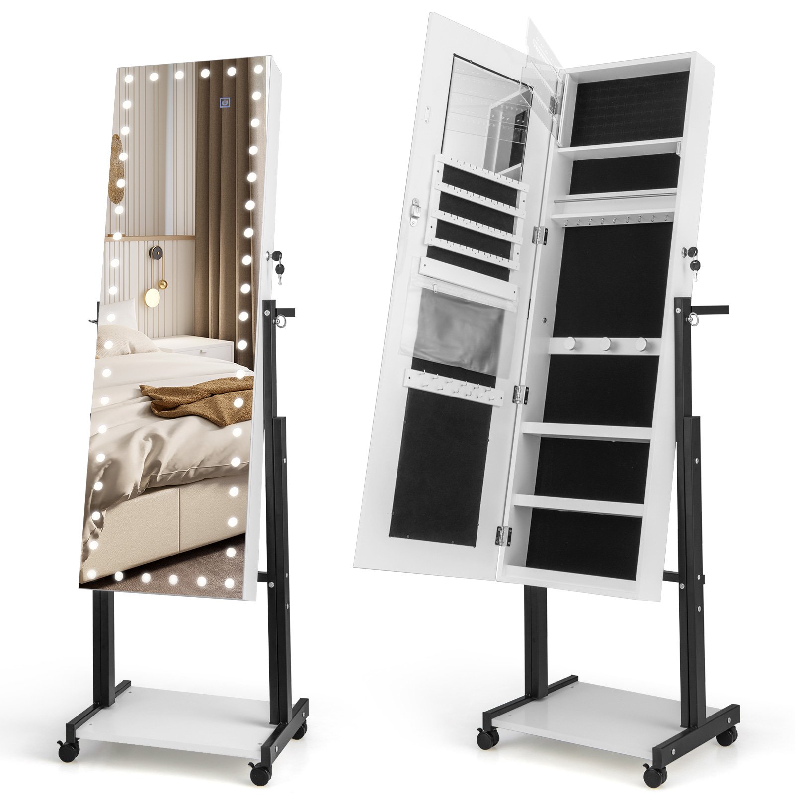 LURIDA Lockable Jewelry Armoire Organizer with 3-Color Dimmable LED Full-Length Mirror-White
