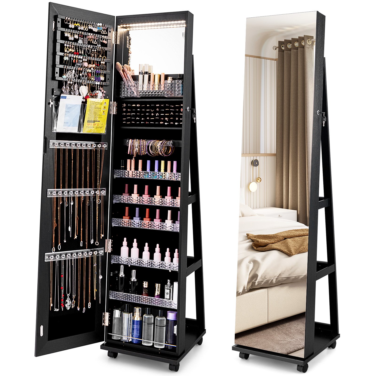 ELDENMORE Mirror Standing Jewelry Organizer with Lock 3 Color LED Lights Built-in Vanity Mirror and Universal Wheels-Black