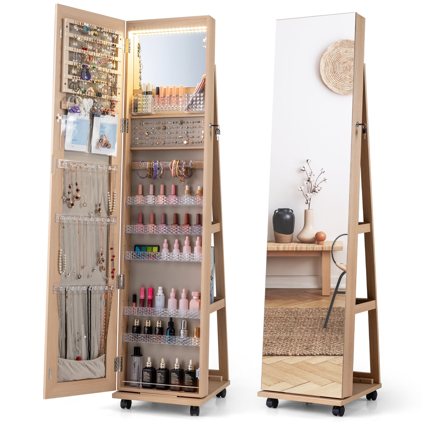 ELDENMORE Mirror Standing Jewelry Organizer with Lock 3 Color LED Lights Built-in Vanity Mirror and Universal Wheels-Natural