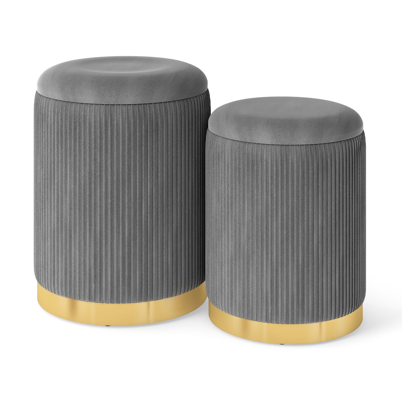 ELDORR Velvet Storage Ottoman Set of 2 with Gold Stainless Steel Hoop-Grey