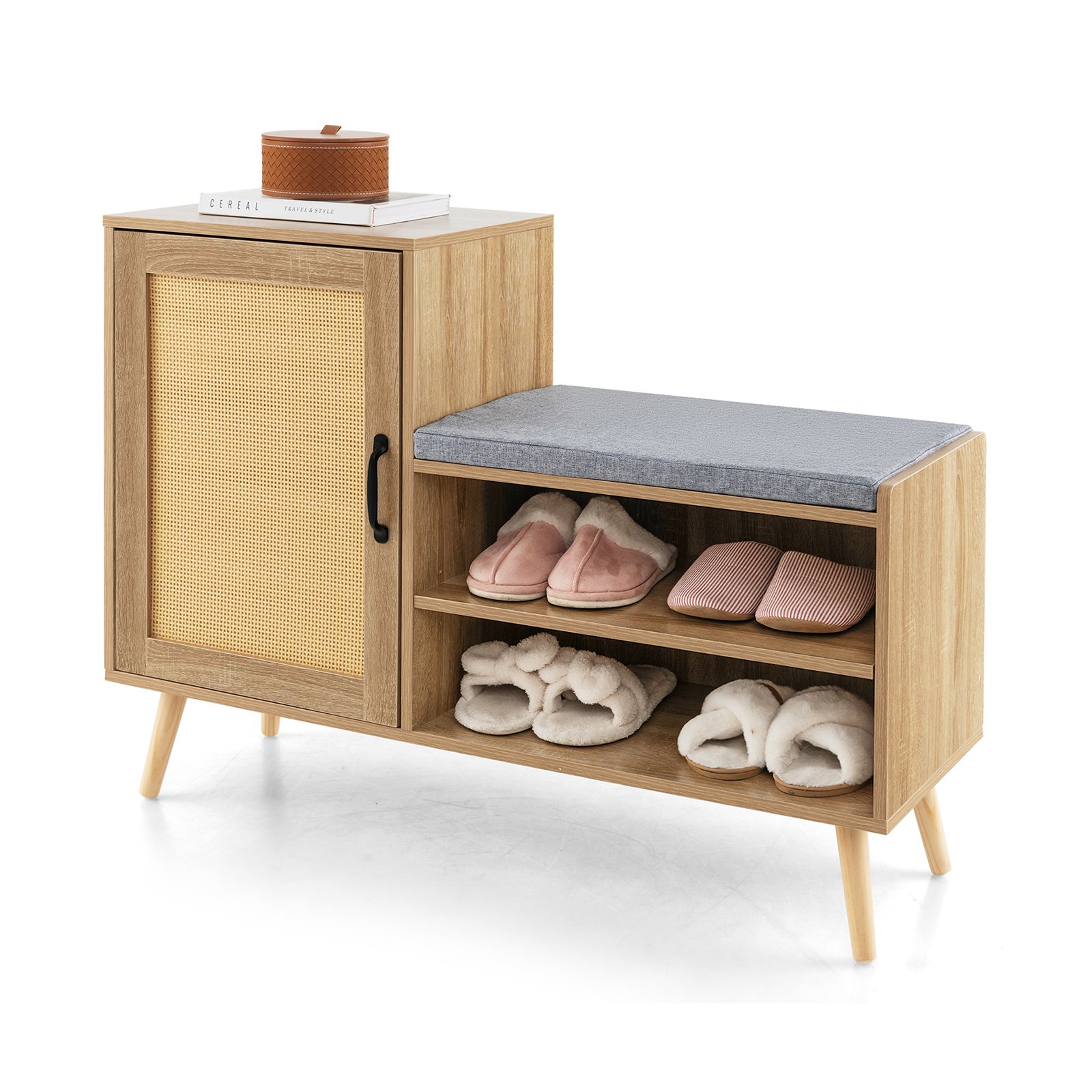 Shoes Cabinet - 2-in-1 Rattan Shoe Cabinet with Bench and 3 Adjustable Shelves-Natural