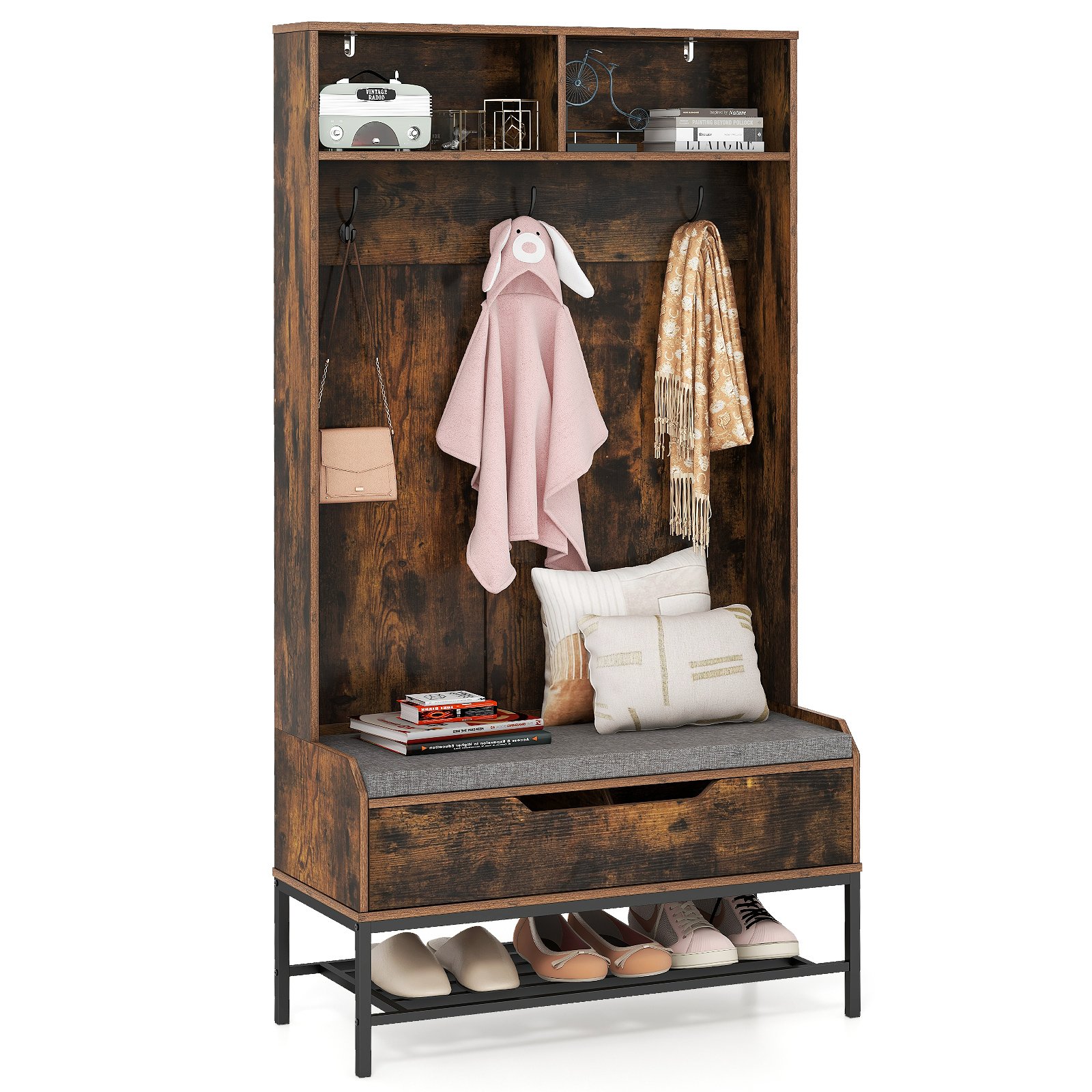 Coat Rack - 4-in-1 Coat Rack with Seat Cushion and Open Compartments-Rustic Brown