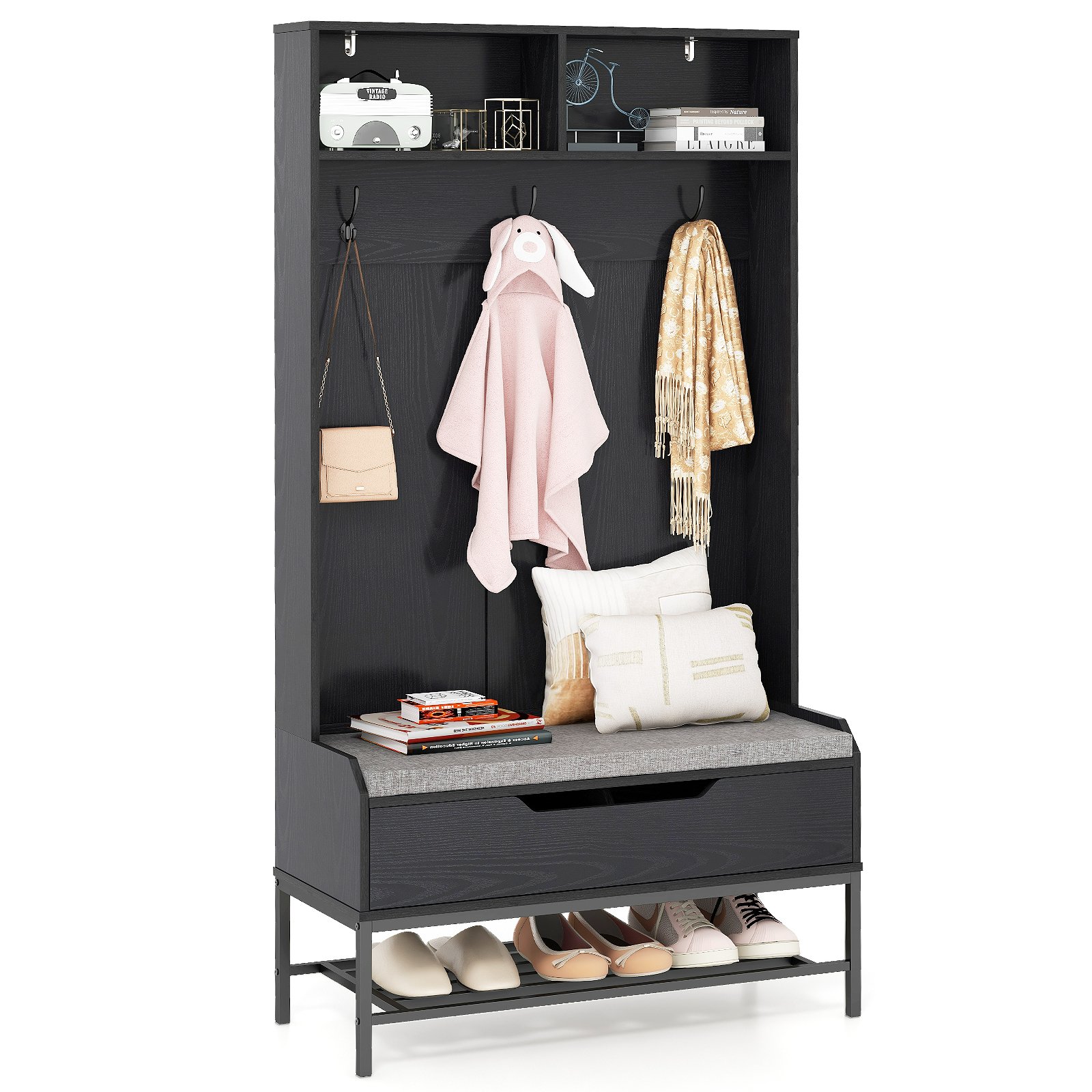 Coat Rack - 4-in-1 Coat Rack with Seat Cushion and Open Compartments-Black