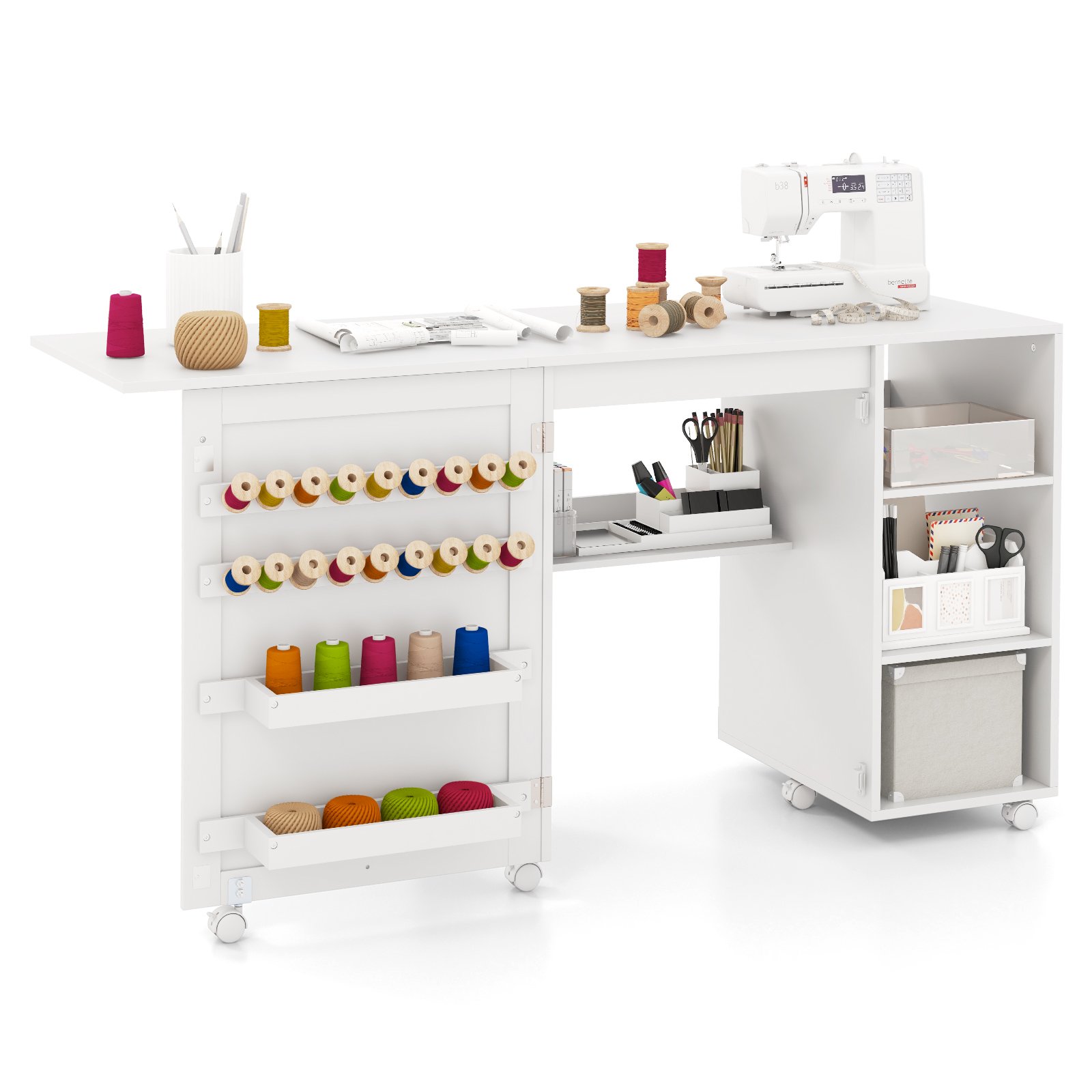 Multipurpose Table - Folding Sewing Table with Storage Shelves and 18 Pegs and Lockable Casters-White