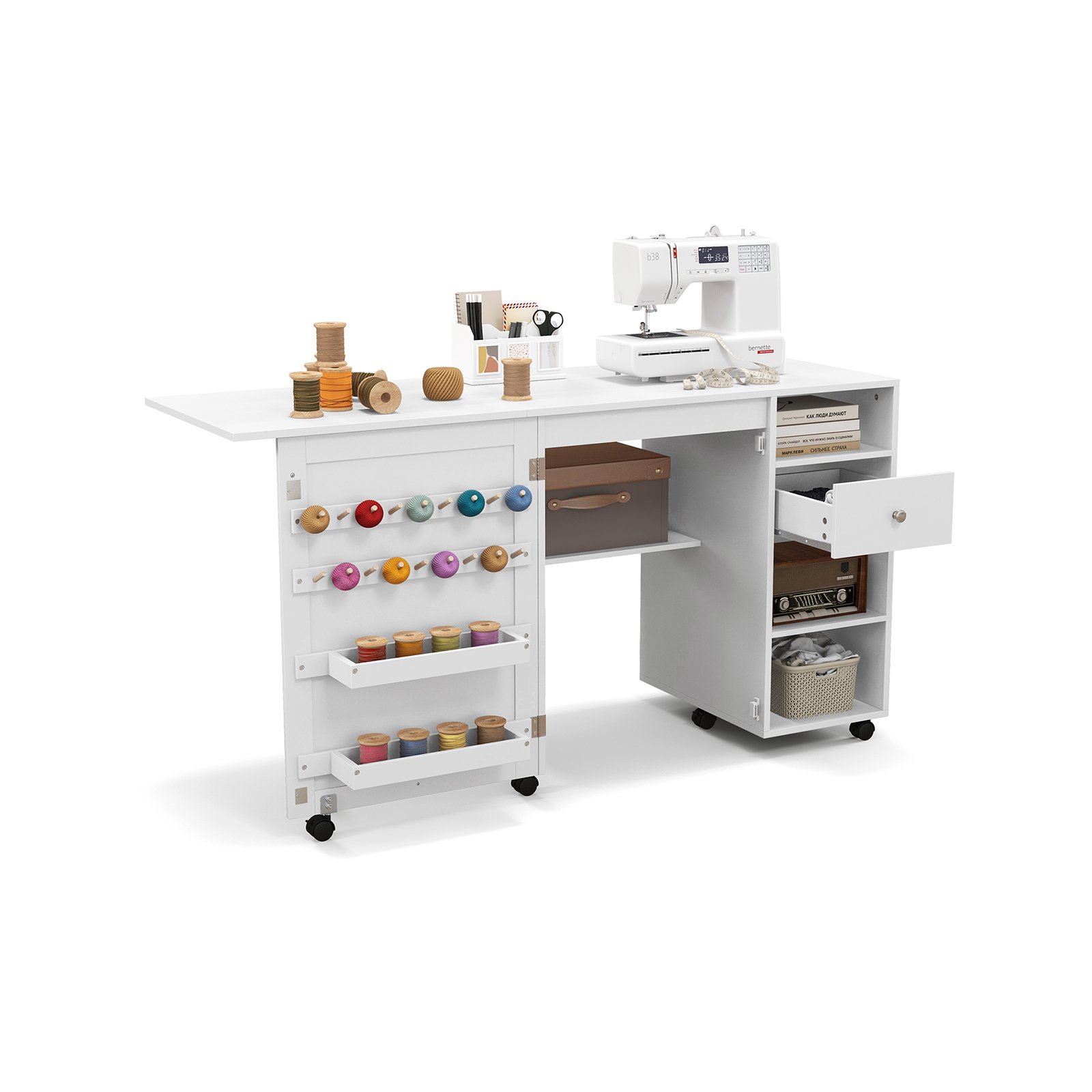 Multipurpose Table - Folding Sewing Table with Storage Shelves and Trays-White