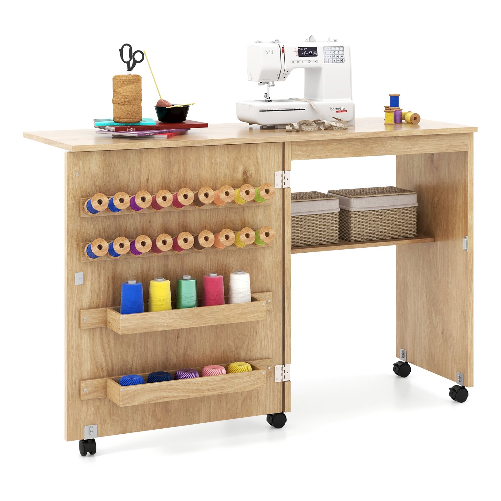 Multipurpose Table - Folding Sewing Table with Storage Shelf and 5 Lockable Wheels-Natural