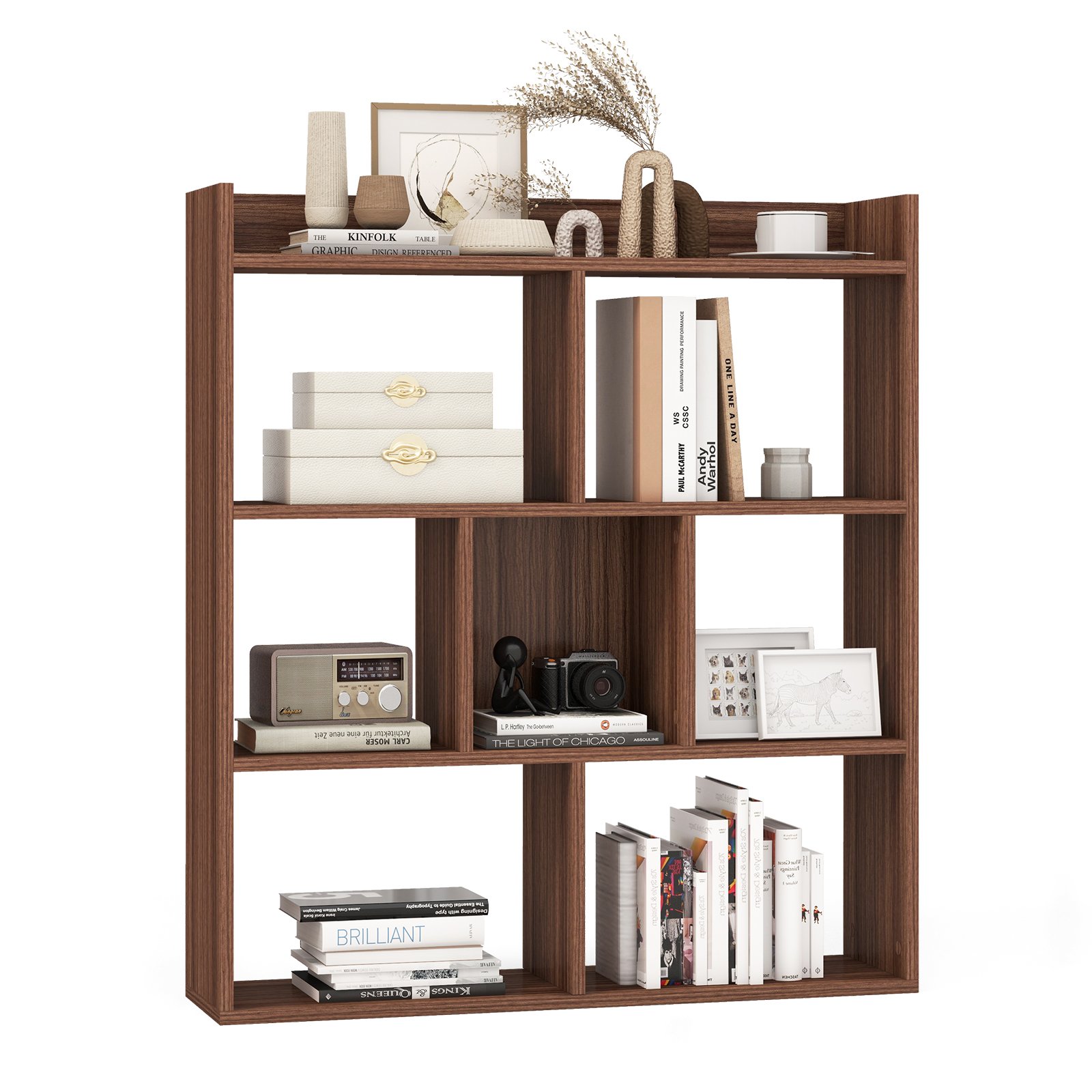RIVIVI 7 Cubes Open-back Bookshelf Home Storage Display Shelf-Walnut