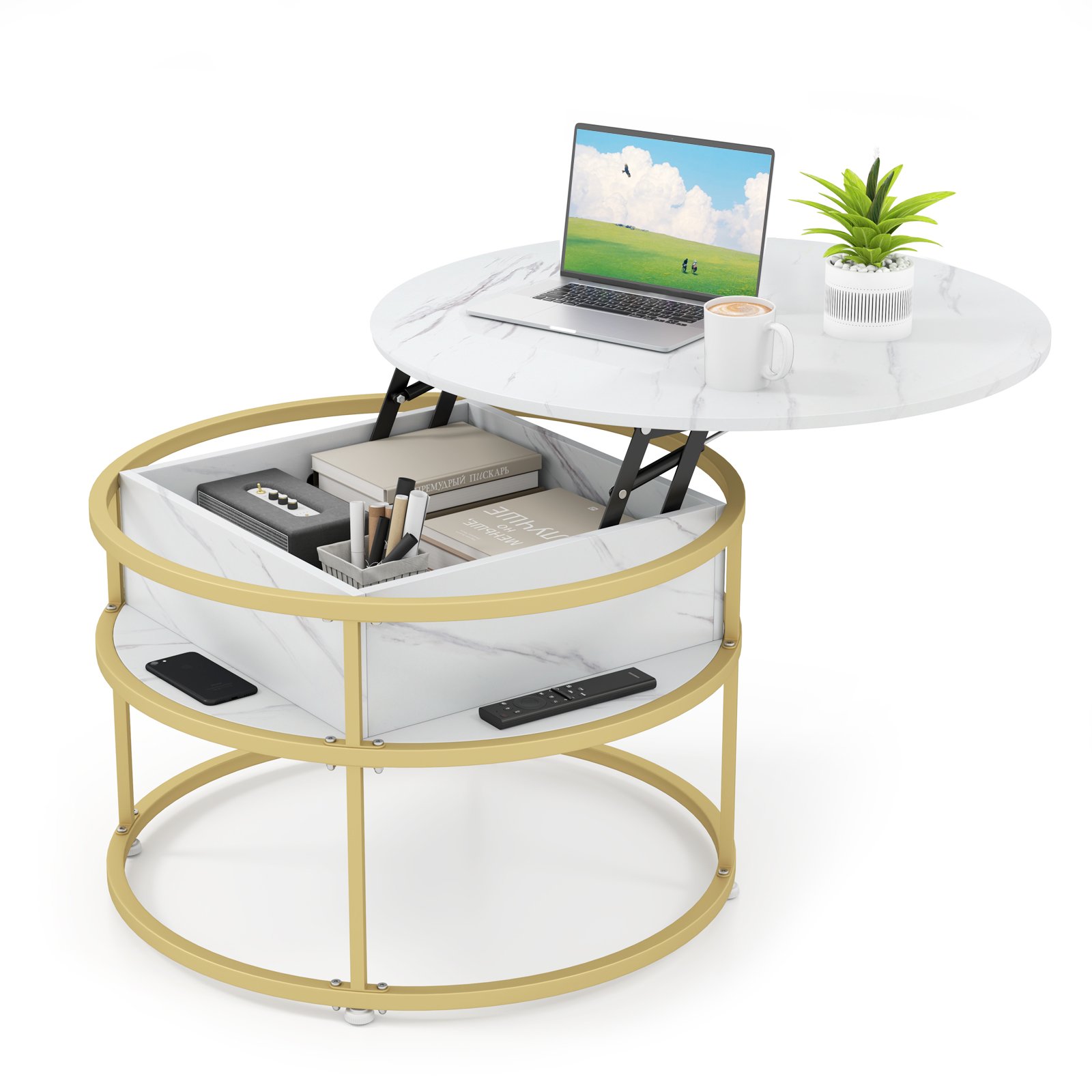 80cm Lift Top Coffee Table with Hidden Compartment and Side Shelves-White