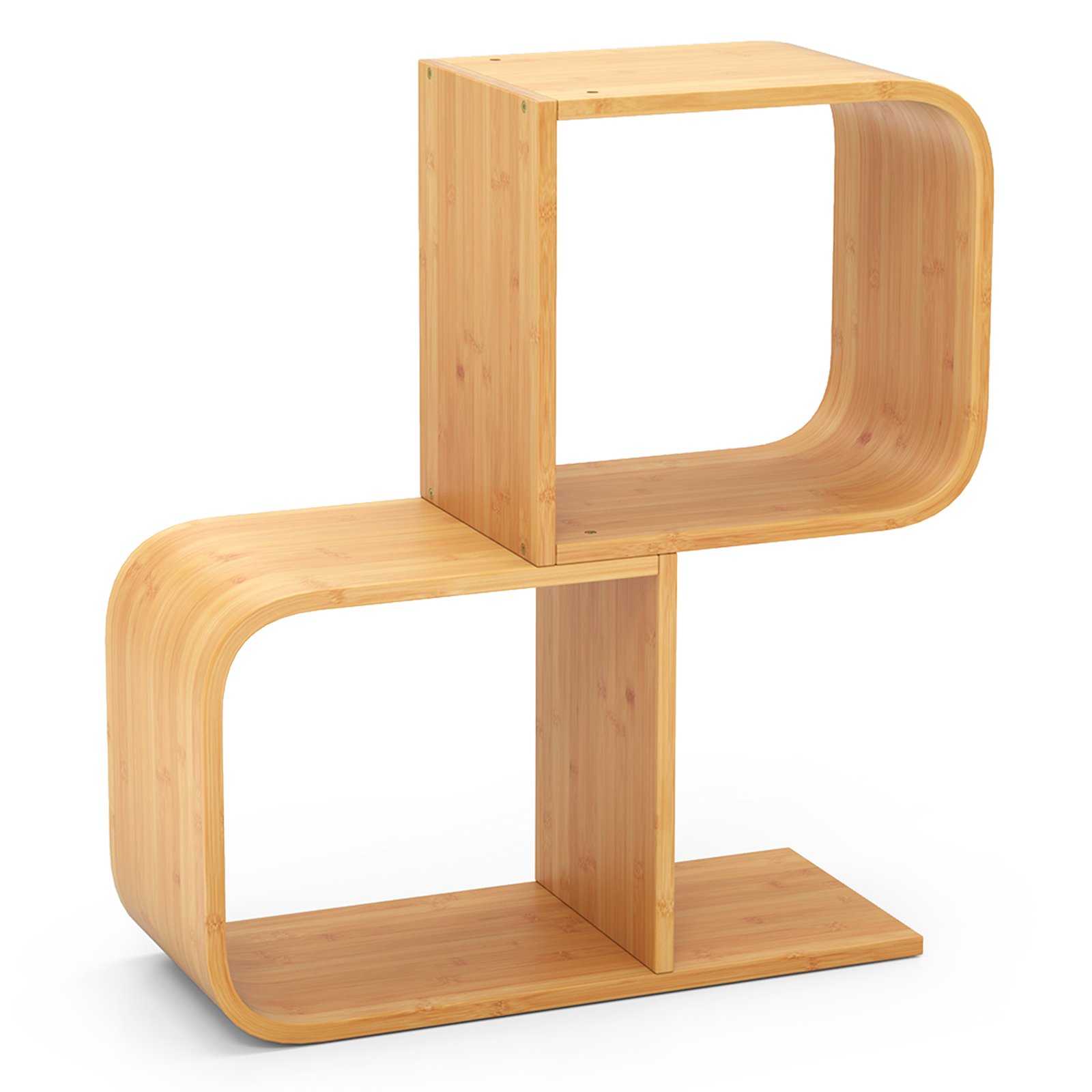 COLYIV S-Shaped Bookcase Bamboo Bookshelf with 2 Open Cubes-2-Tier