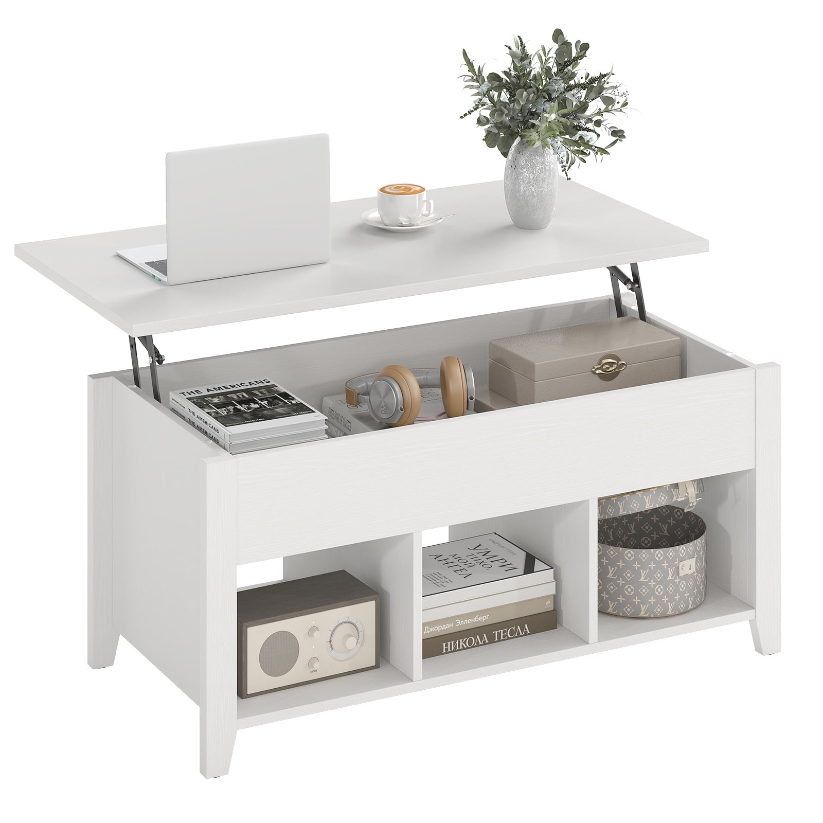 ELMCRESTOR Rising Center Coffee Table with Lift Top Hidden Compartment-Off White