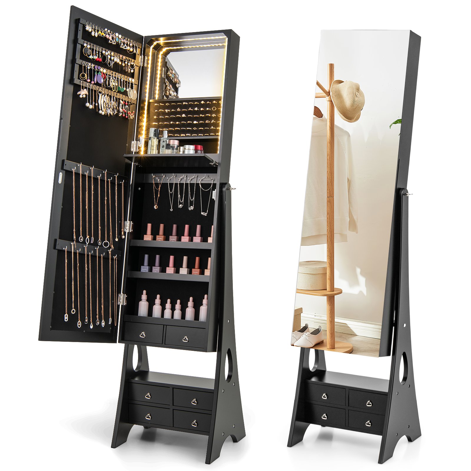 IVZE 3-Color LED Lighted Jewelry Cabinet with Full-Length Mirror and Adjustable Tilt Angles-Black