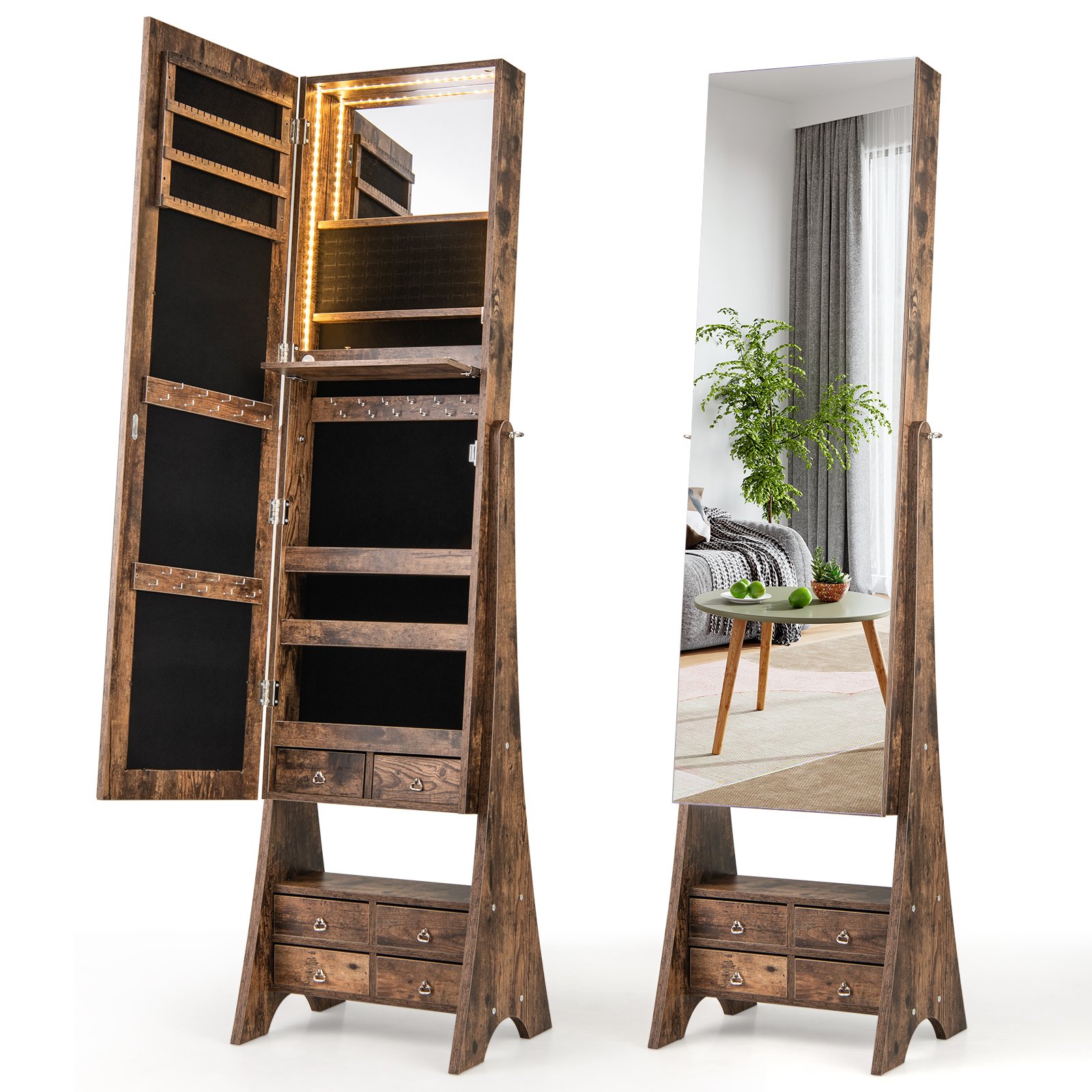 IVZE 3-Color LED Lighted Jewelry Cabinet with Full-Length Mirror and Adjustable Tilt Angles-Rustic Brown