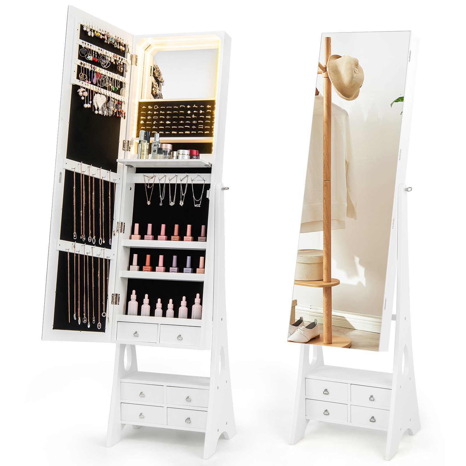 IVZE 3-Color LED Lighted Jewelry Cabinet with Full-Length Mirror and Adjustable Tilt Angles-White