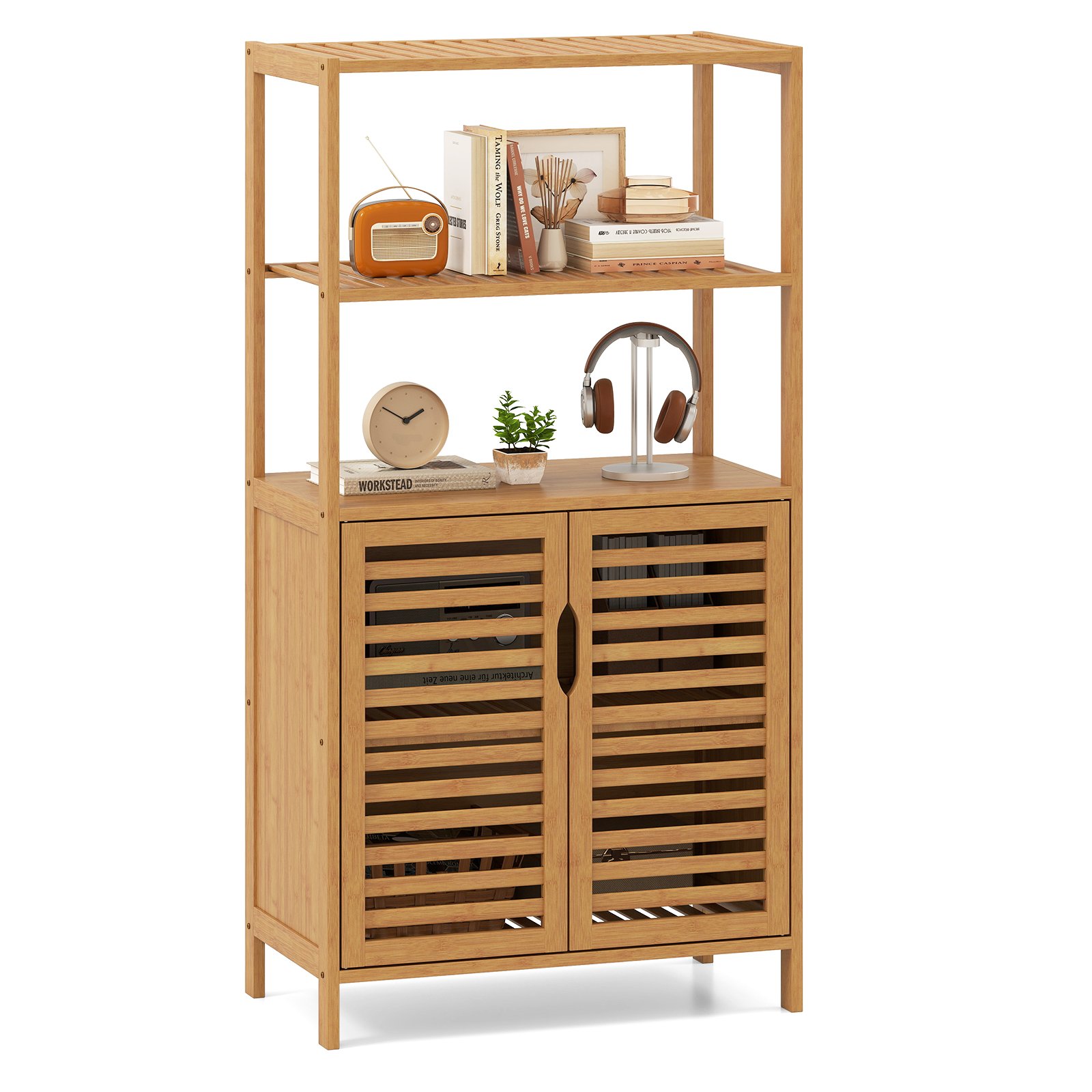 5-Tier Bookshelf with Open Shelves and Louvered Cabinet-Natural