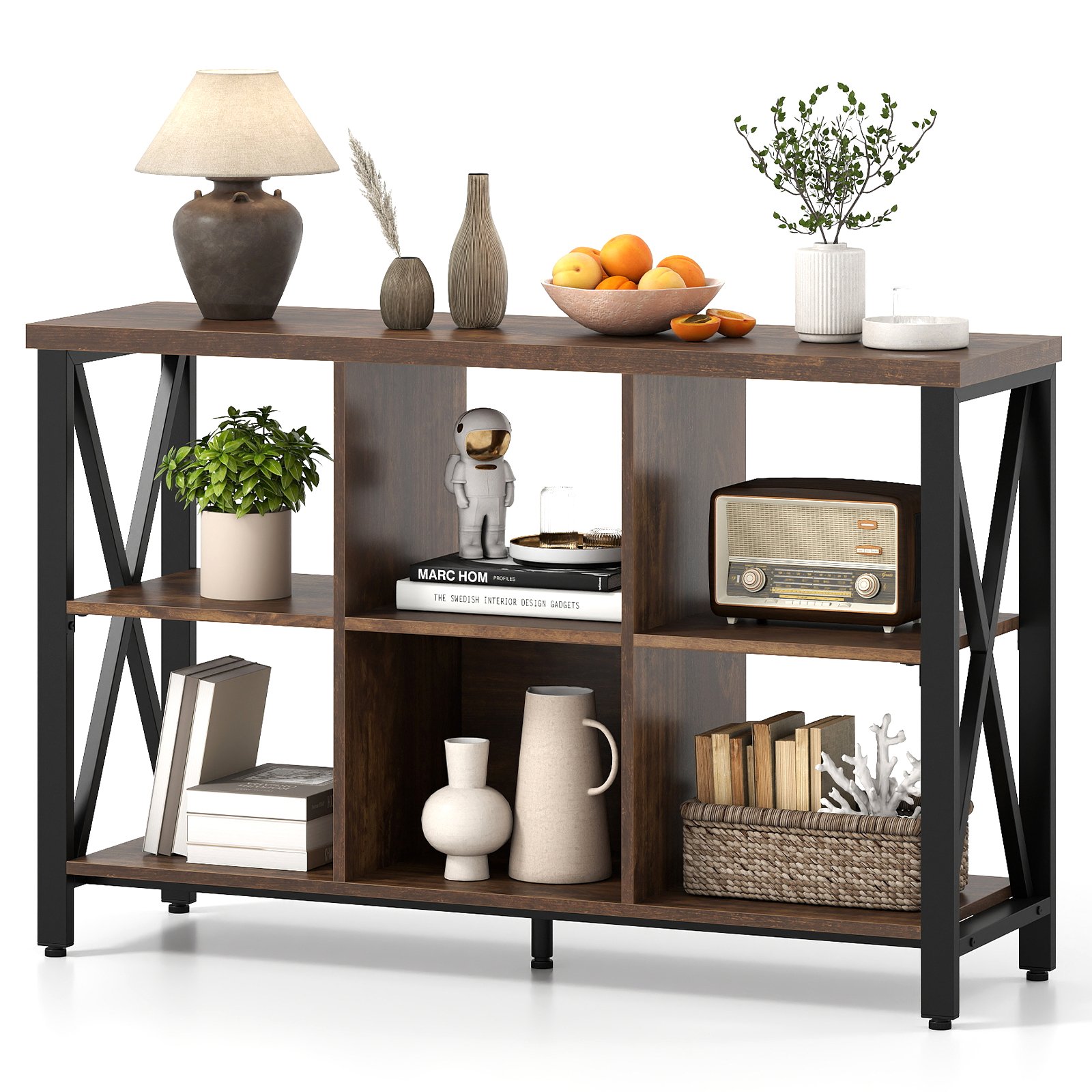 ERVANTON 6-Cube Storage Organizer 120CM Wide Bookshelf with Open Compartments-Rustic Brown