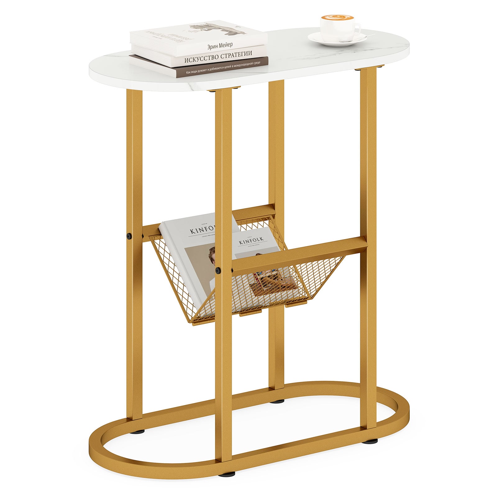 FALLOWEN 2-Tier Narrow Side Table with Magazine Holder for Living Room Bedroom-White