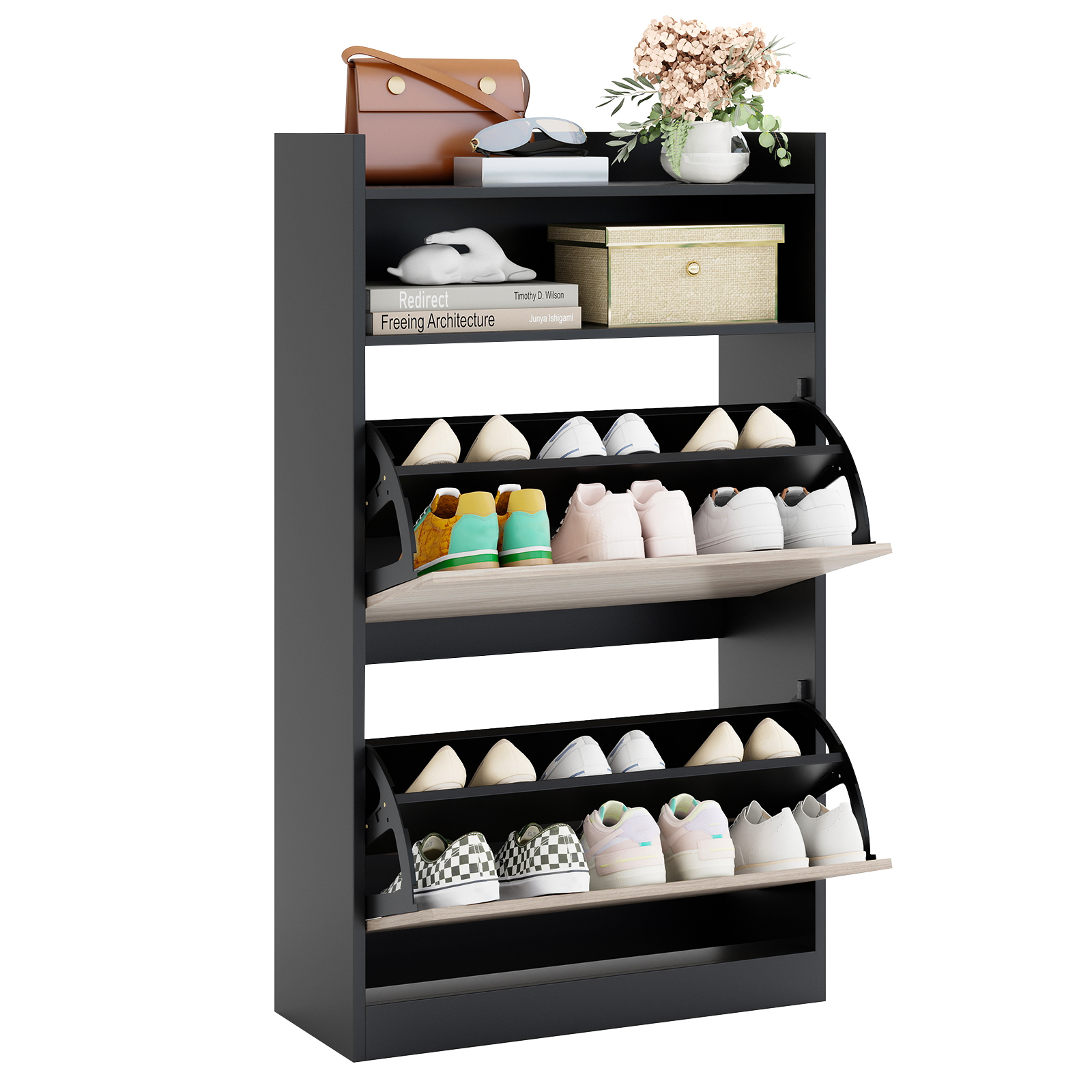 YVORA Shoe Cabinet Storage Organizer with Flip Drawers and Open Shelves - Black