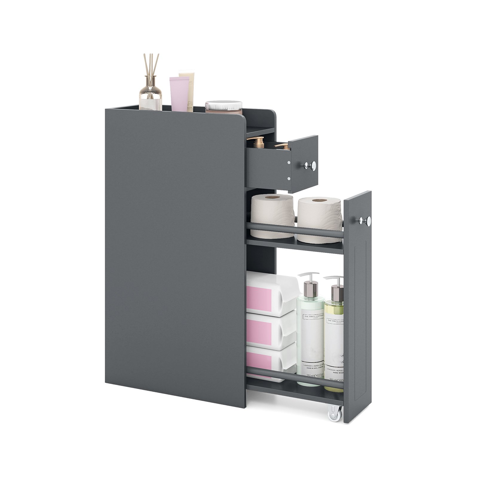 FERLYN Small Bathroom Storage Cabinet 4-Tier Narrow Toilet Side Storage Cabinet with Slide Out Drawers on Casters-Grey