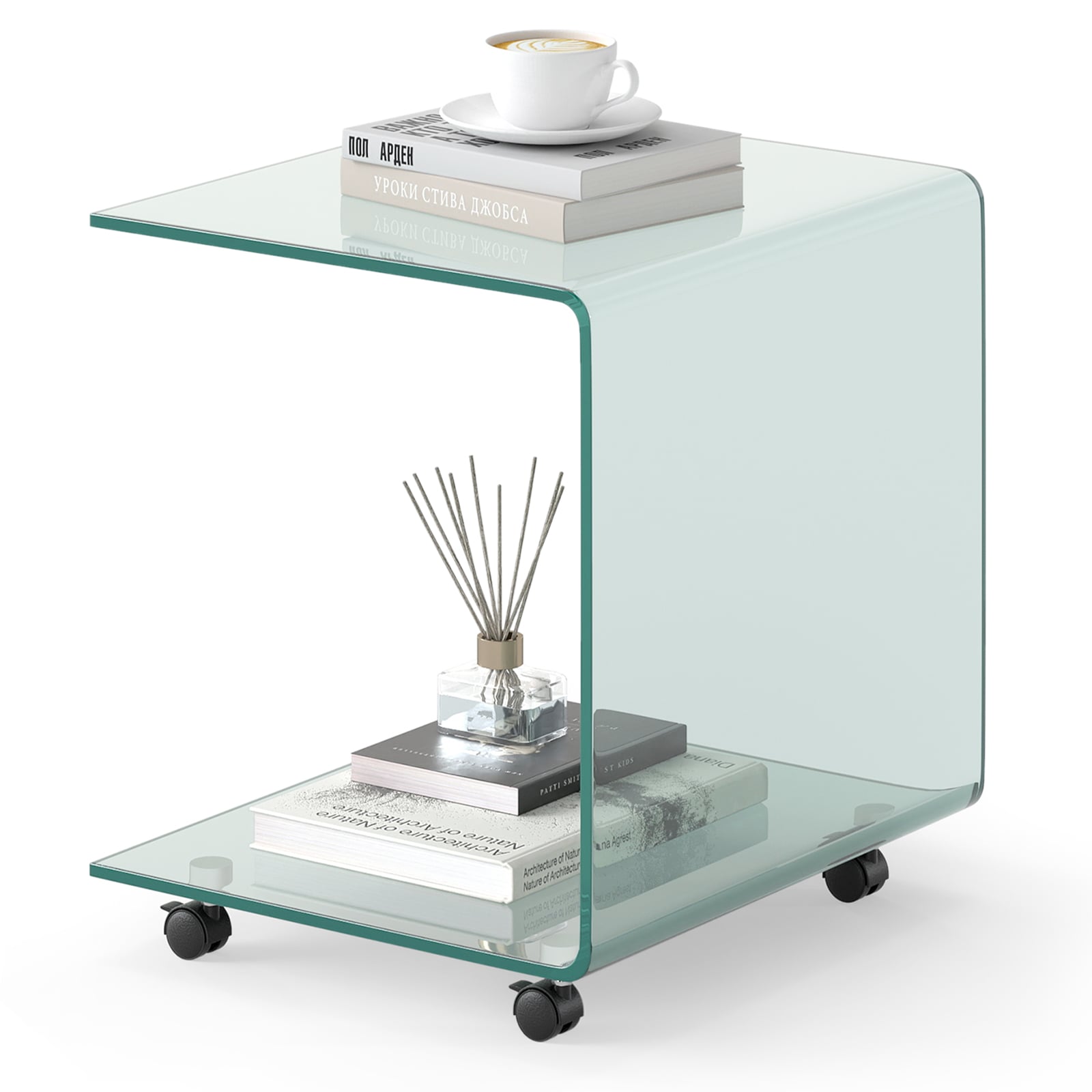 YVENA Modern Tempered Glass Side Table with 2-tier Shelf-Transparent