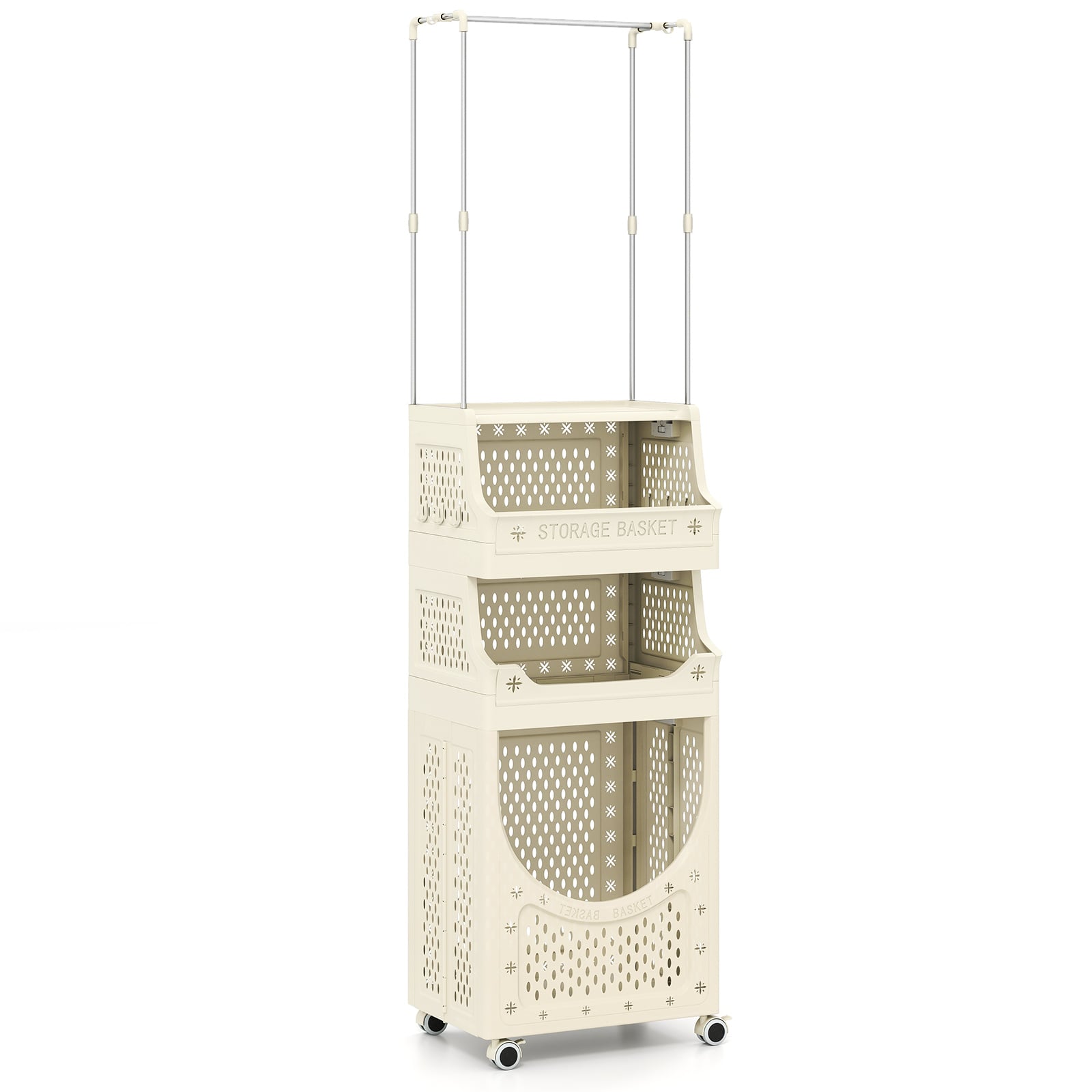 QAVIX 2-in-1 3/4-Tier Laundry Cart with Hanging Bar and Lockable Wheels-4-Tier-Beige