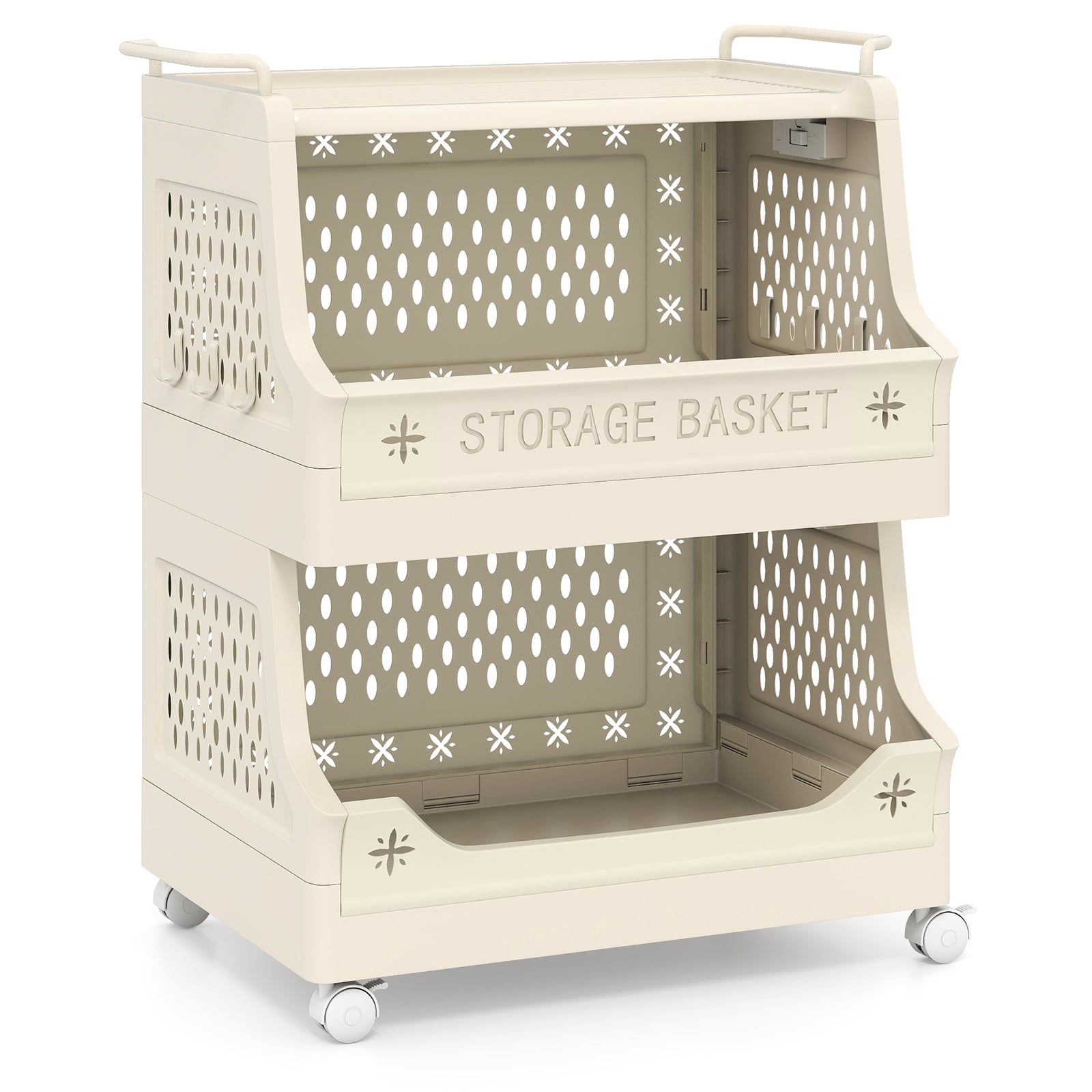 FYNEX 3-Tier Rolling Laundry Basket with Wheels & Handles-Beige