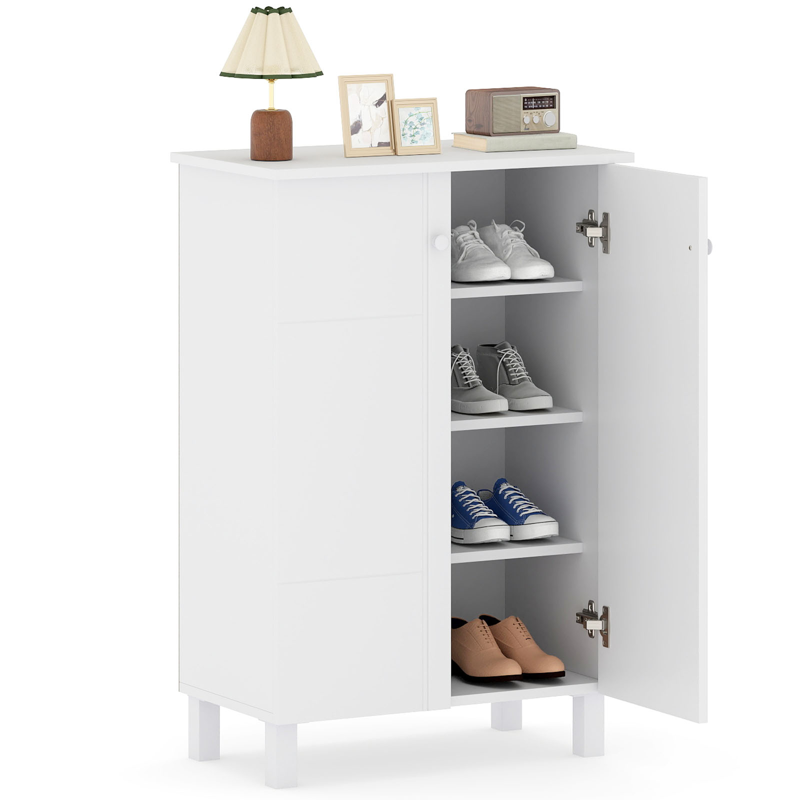 Shoe Cabinet Storage Organizer with Doors and Removable Shelves for Entryway - White