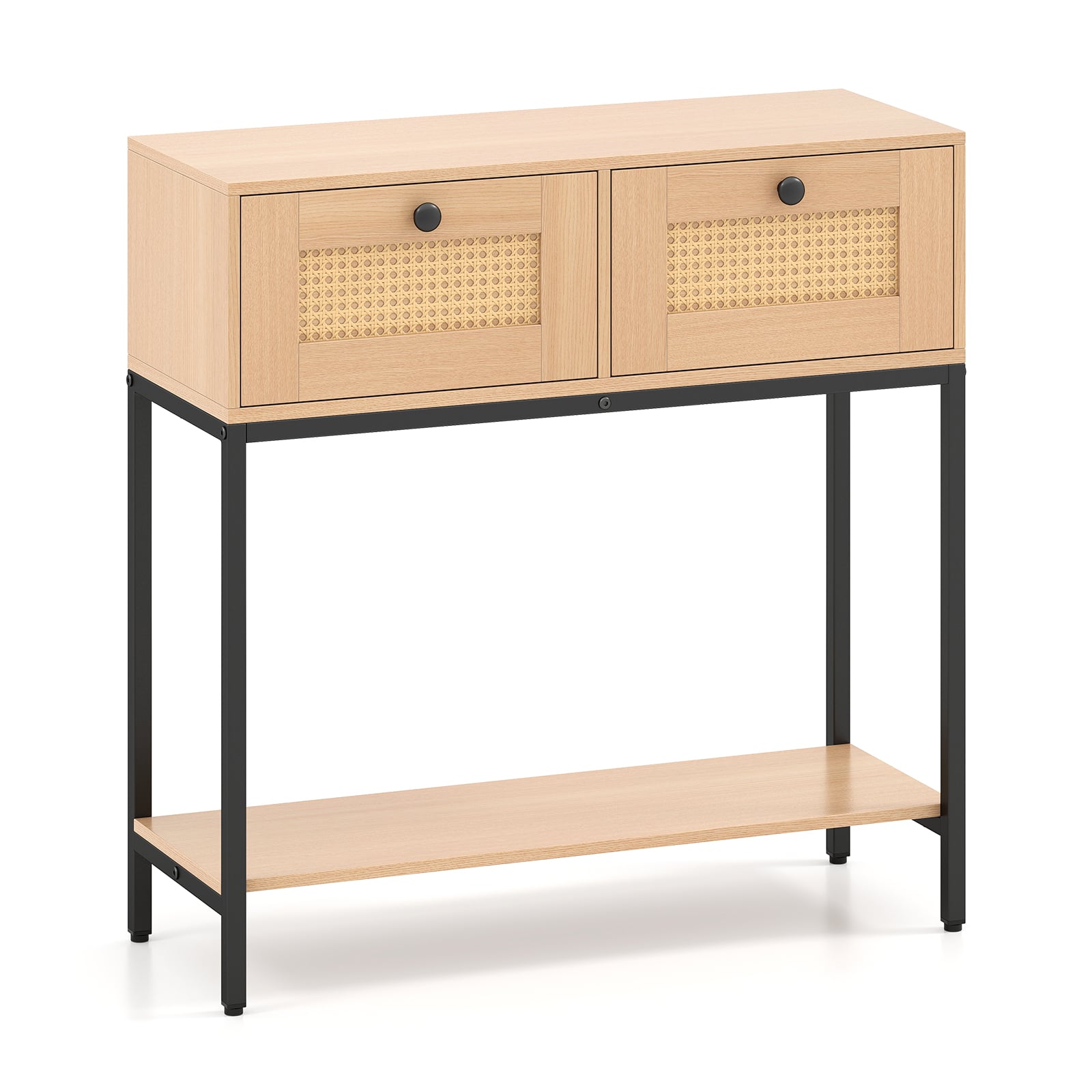 80cm Boho Console Table with 2 Drawers and Bottom Shelf-Natural
