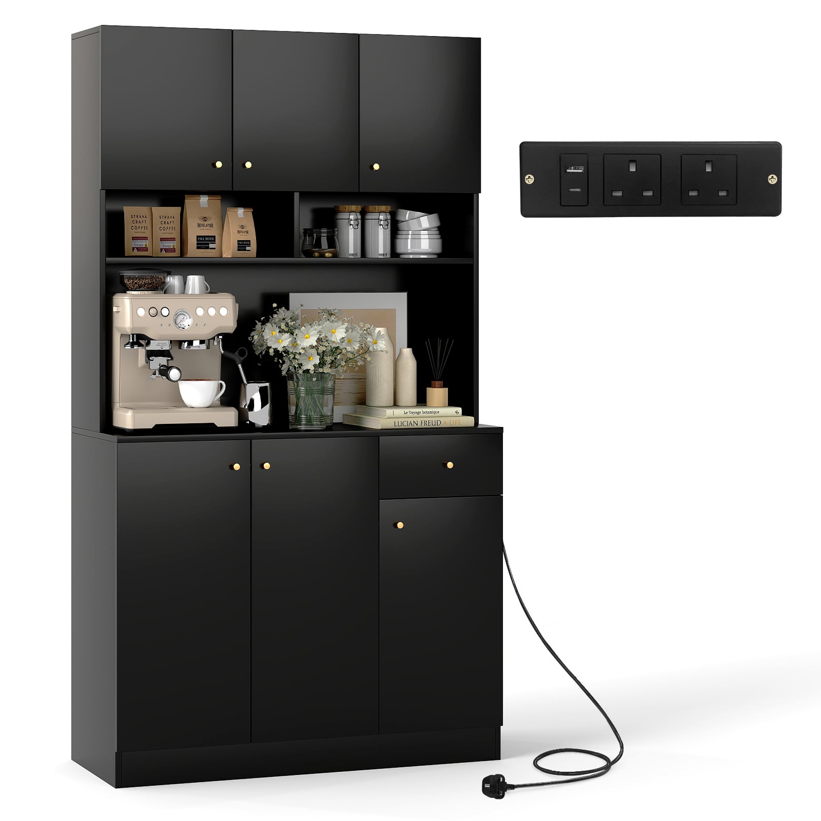 180cm Tall Pantry Cabinet with Outlets and Anti-Tipping Kits-Black