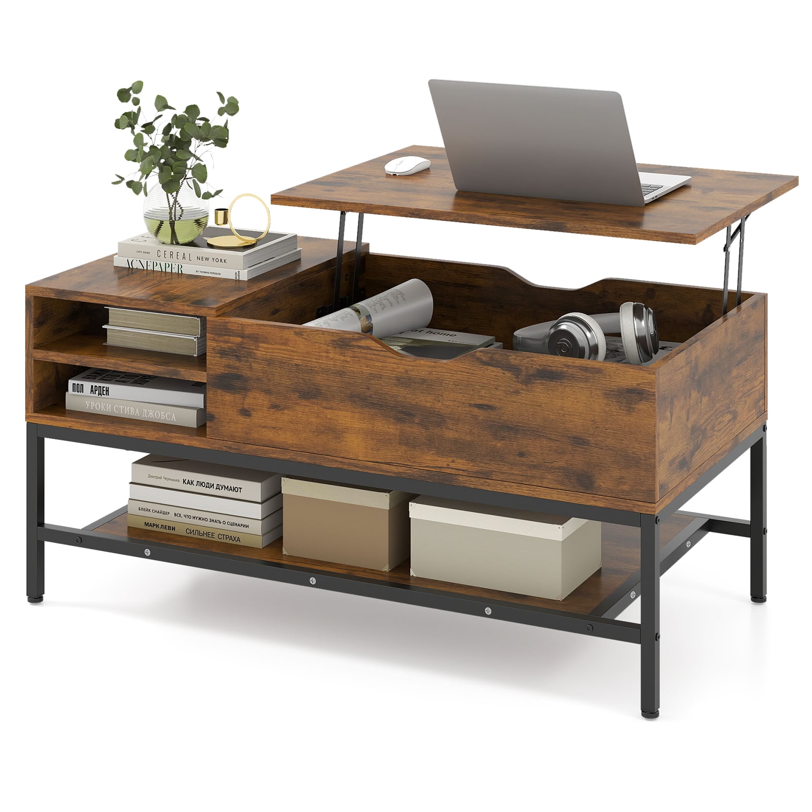 CALIX Lift Top Coffee Table with Hidden Compartment and Storage Shelf-Rustic Brown