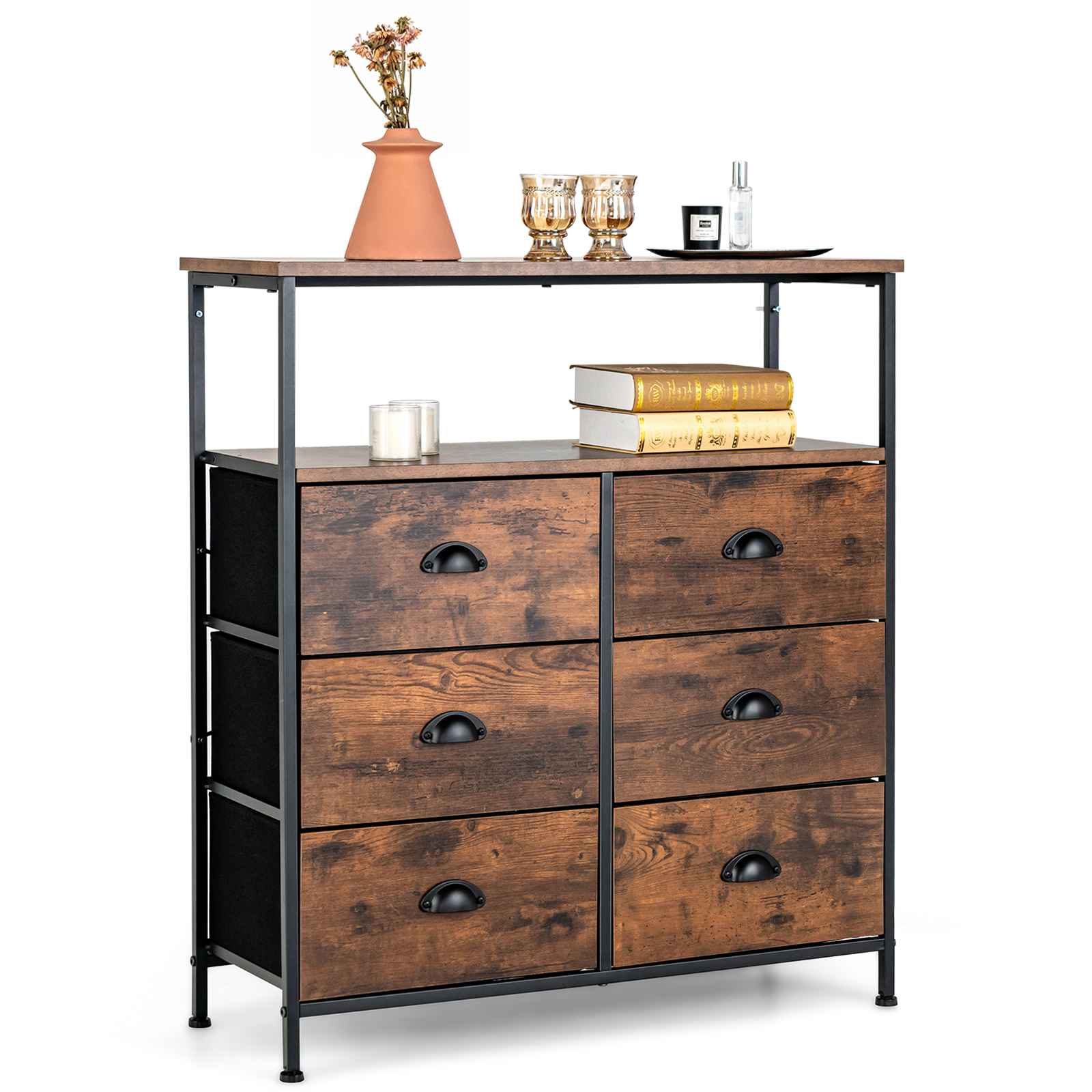 LOURDES Oak Finish Chest of Drawers - Medium-sized, 6 Fabric Drawers, Double