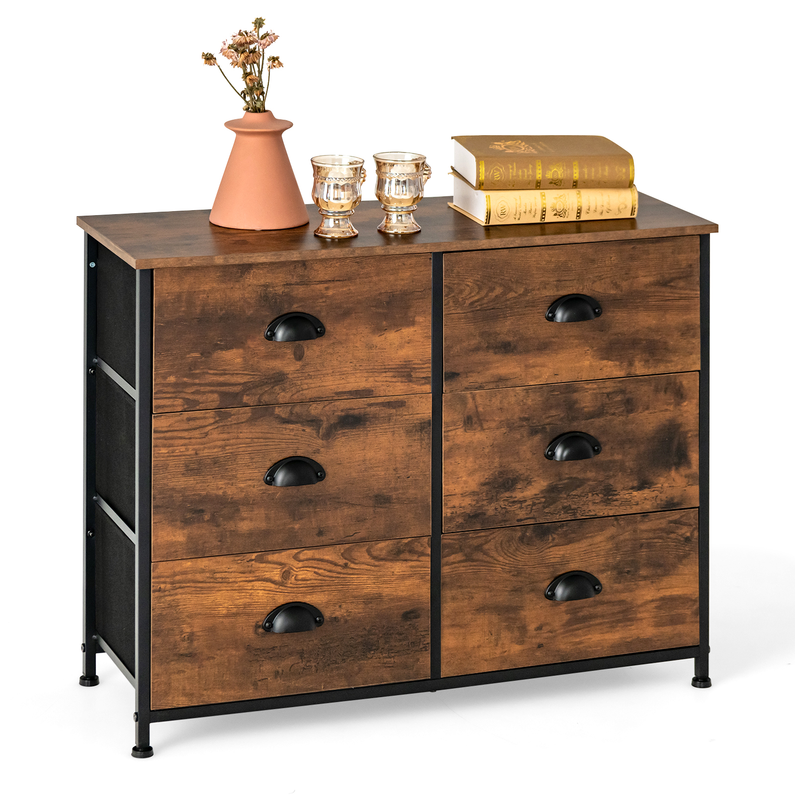 LOURDES Oak Finish Chest of Drawers - Medium-sized, 6 Fabric Drawers
