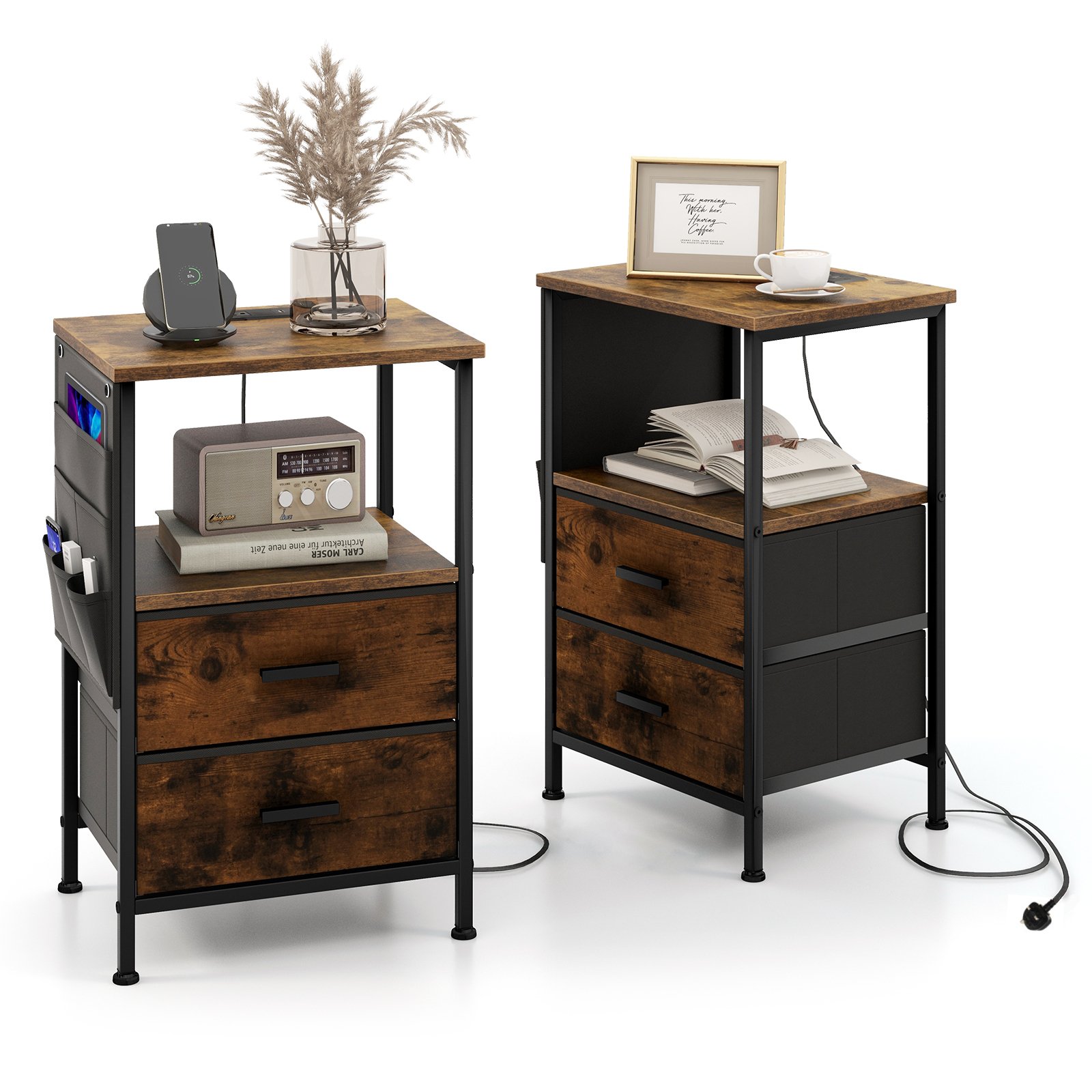 Bedside Table - DALLAS Nightstand Rustic Brown 38cm