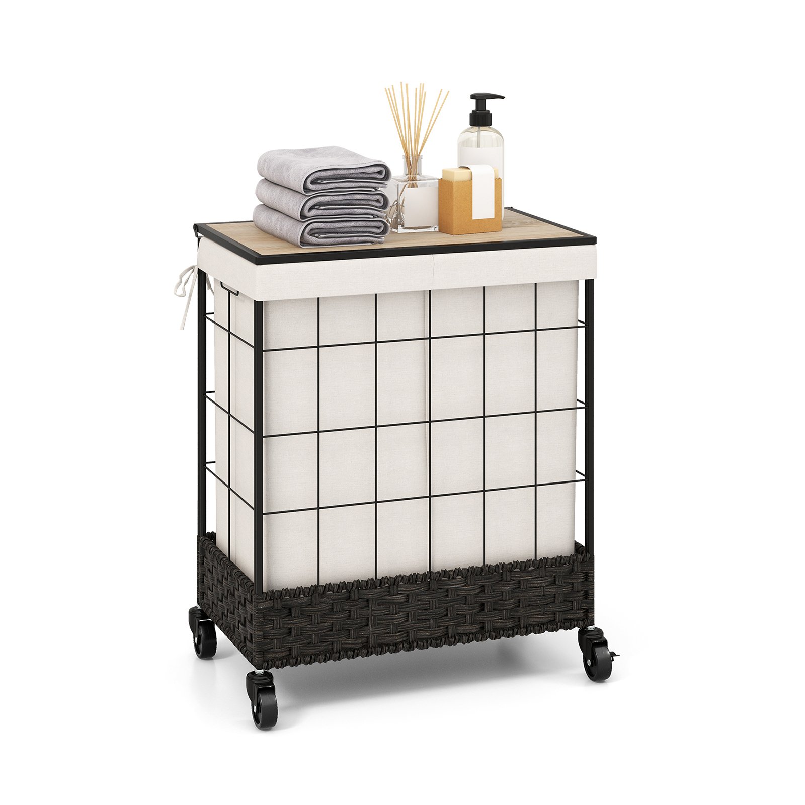 Laundry Basket - 130L Handwoven Rattan Laundry Hamper with Lid and Lockable Wheels-Black