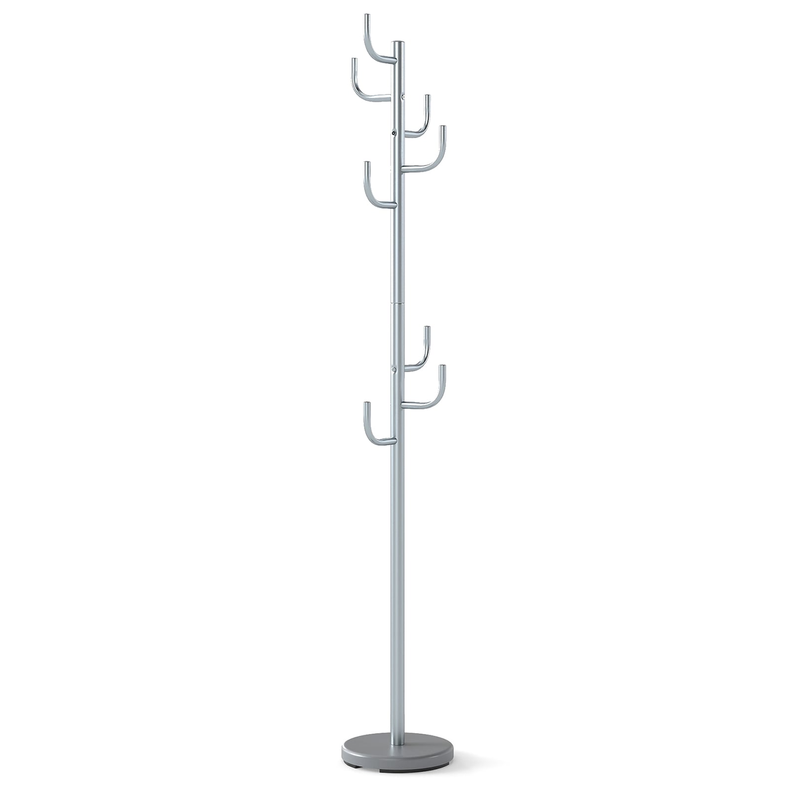Freestanding Coat Rack with 8 L-Shaped Hooks and 2 Adjustable Heights-Silver