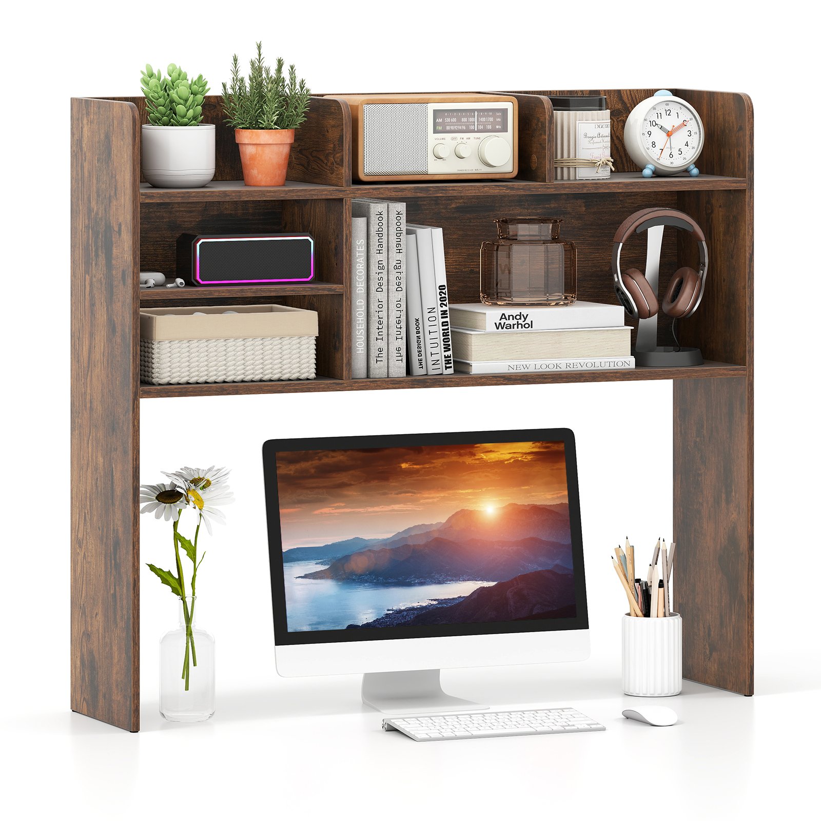 HALWYNNE Desktop Bookshelf 3-Tier Display Rack Bookcase Storage Rack-Rustic Brown