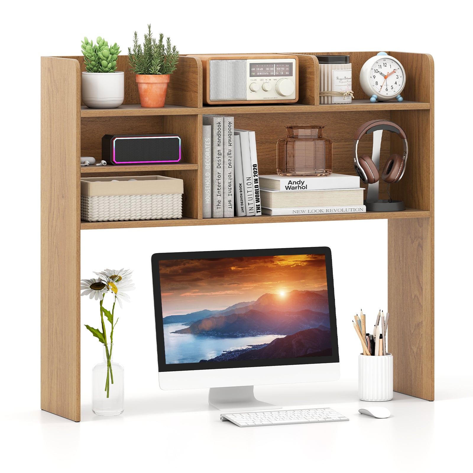 HALWYNNE Desktop Bookshelf 3-Tier Display Rack Bookcase Storage Rack-Natural