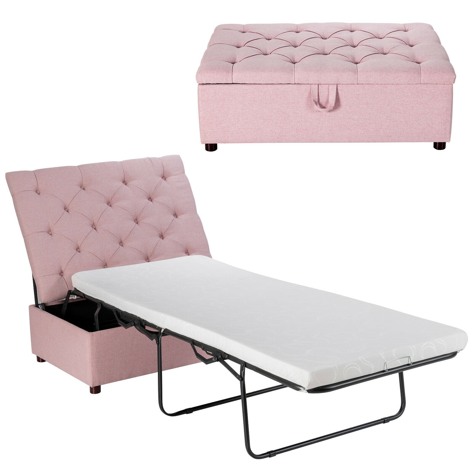 Single Bed - 2-in-1 Convertible 3ft Ottoman Storage Bed with Mattress for Home and Office-Pink