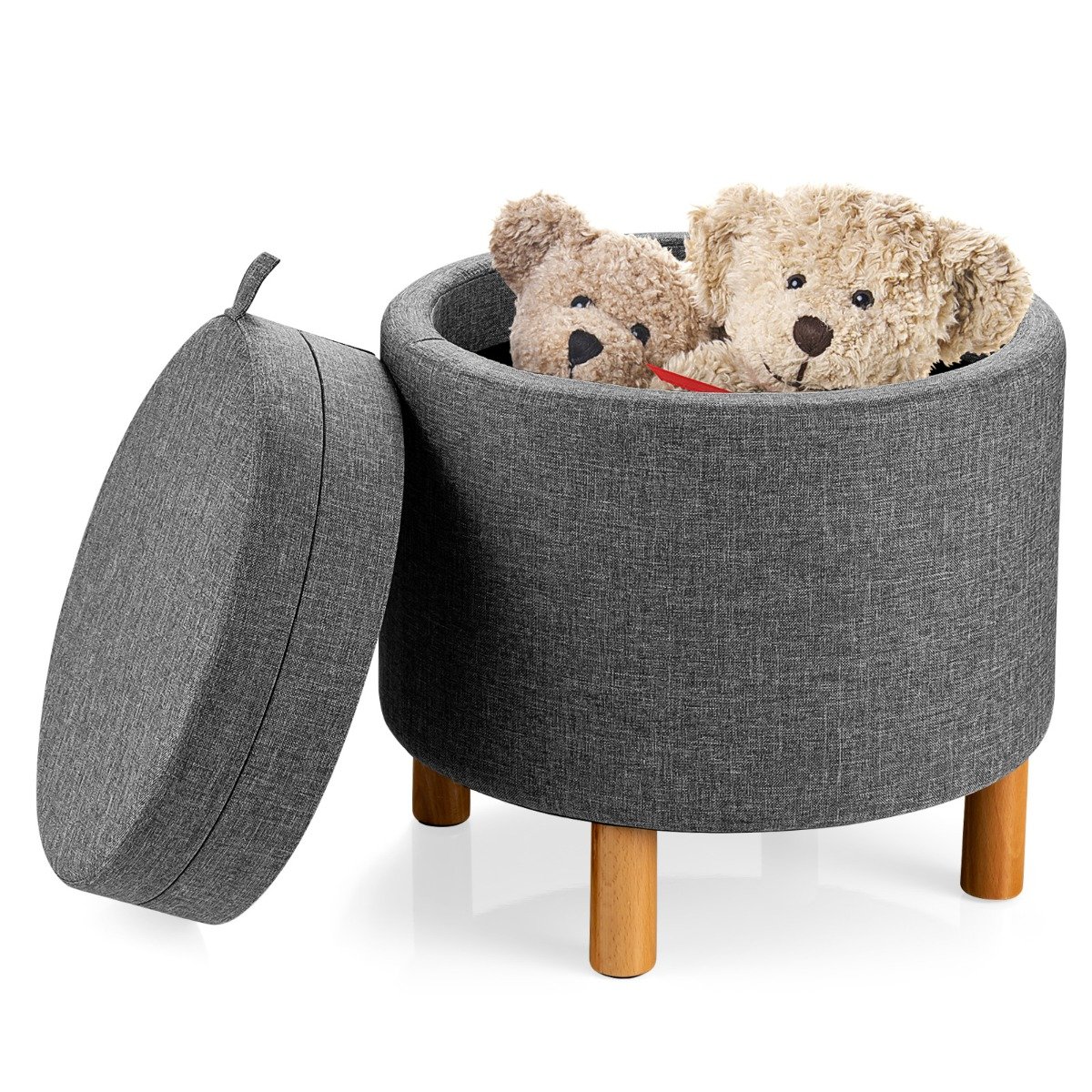 Ottoman Bench - Modern Round Padded Storage Ottoman with Hidden Storage Space-Grey