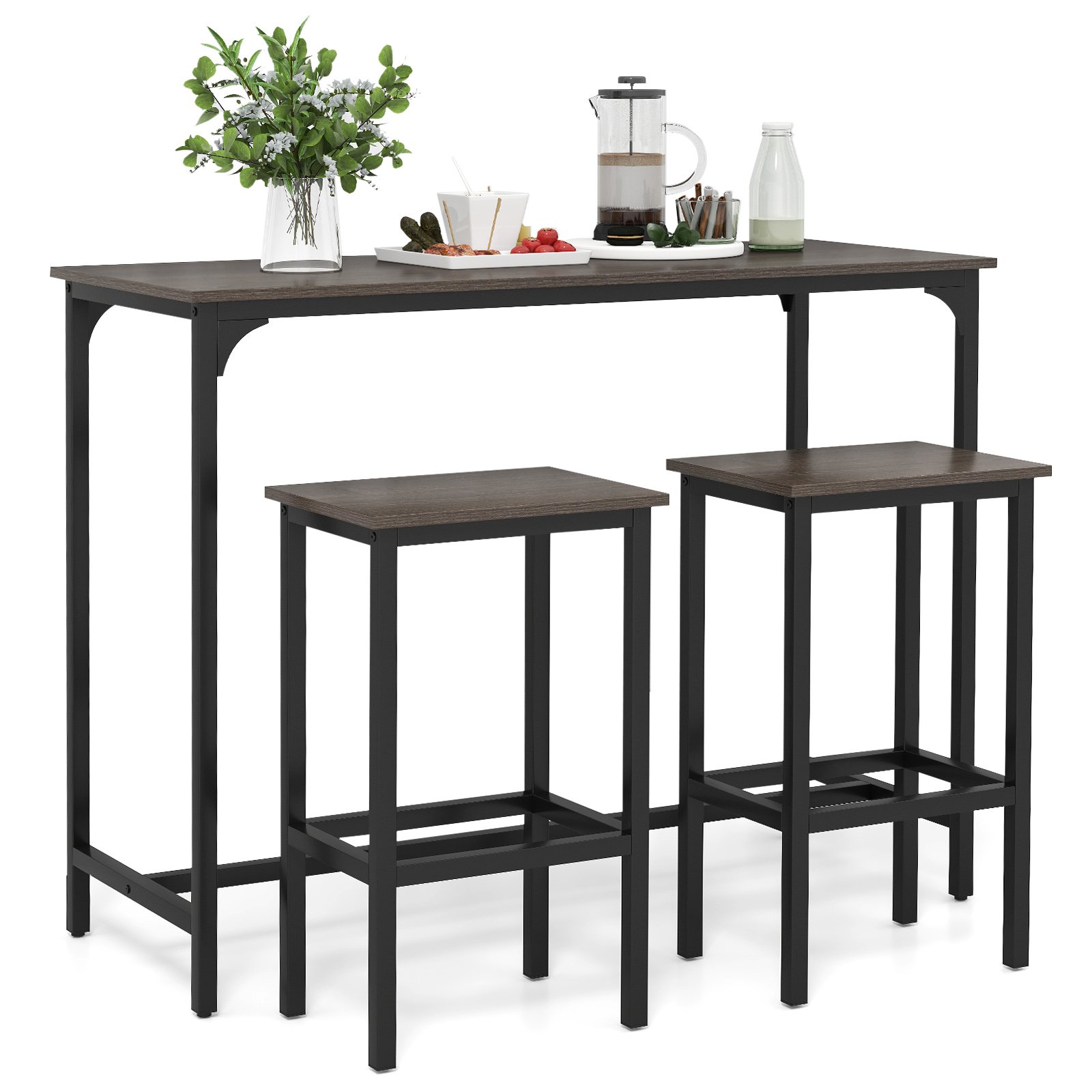 VANE 3-Piece Dining Table Set with High Top Rectangular Pub Table and Chairs-Grey