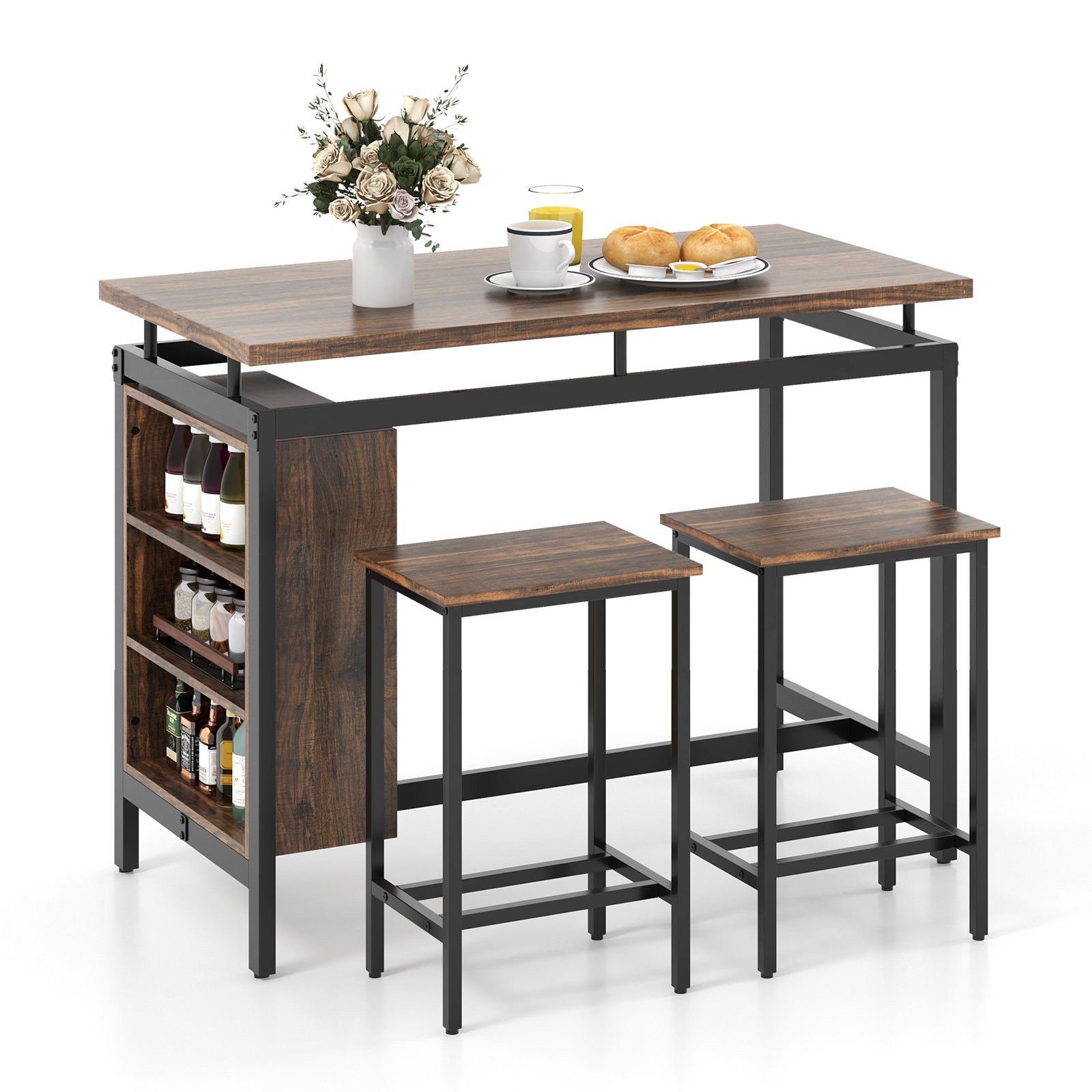 Dining Table Set - 3-Piece Dining Table Set with 3-Tier Storage Shelf and Metal Frame-Coffee