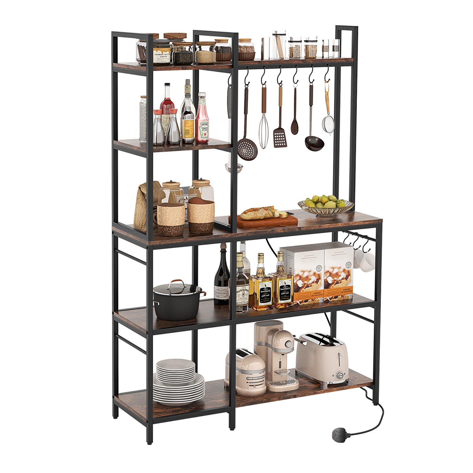 DADAEN Bakers Rack with Power Outlets and 10 S-Shaped Hooks-Coffee