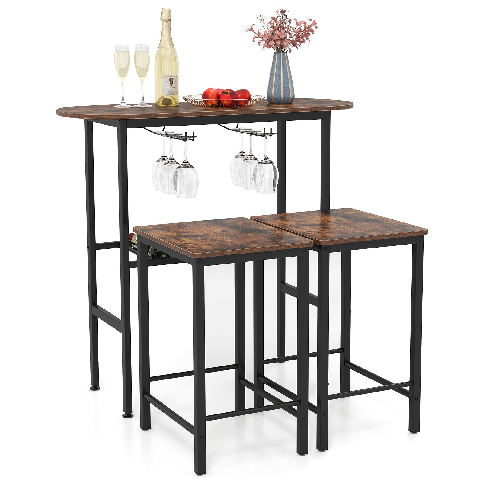 RAUL 3 Piece Counter Height Table Set Oval Dining Table and 2 Stools-Rustic Brown