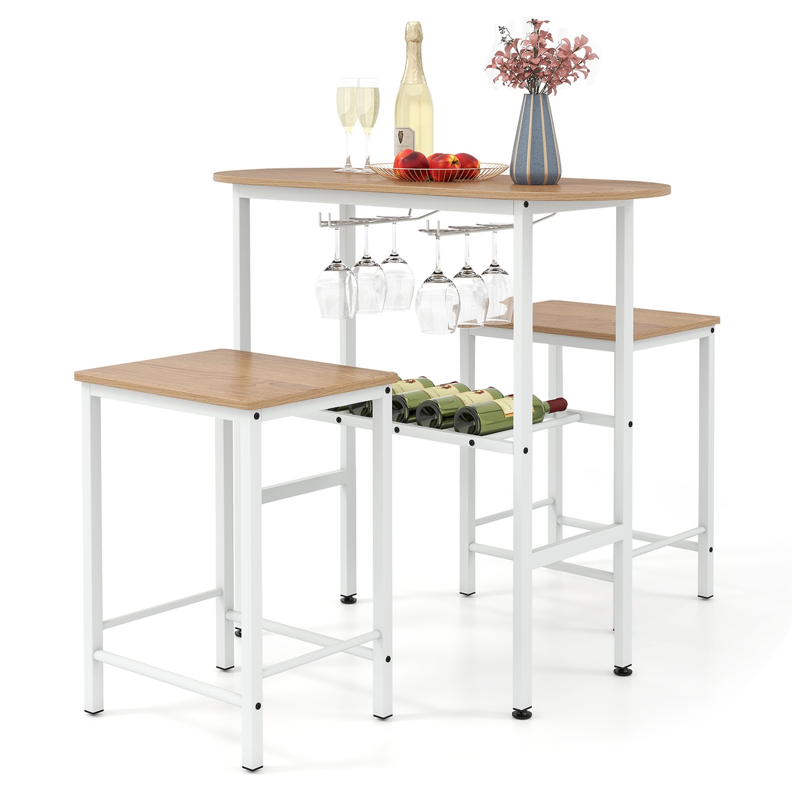 RAUL 3 Piece Counter Height Table Set Oval Dining Table and 2 Stools-Natural