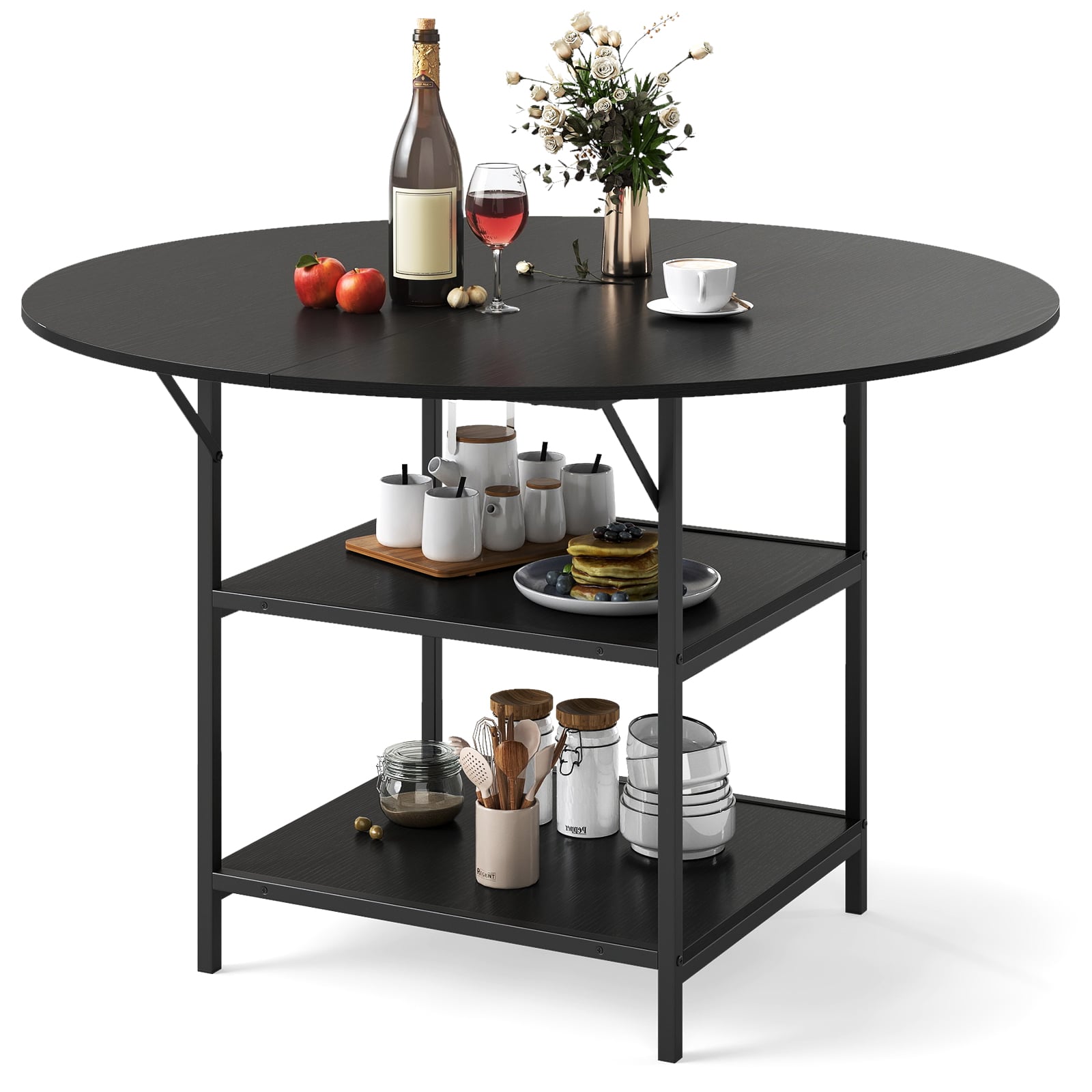 TIVEN 120cm Round Dining Table with Storage Shelf & Metal Frame-Black